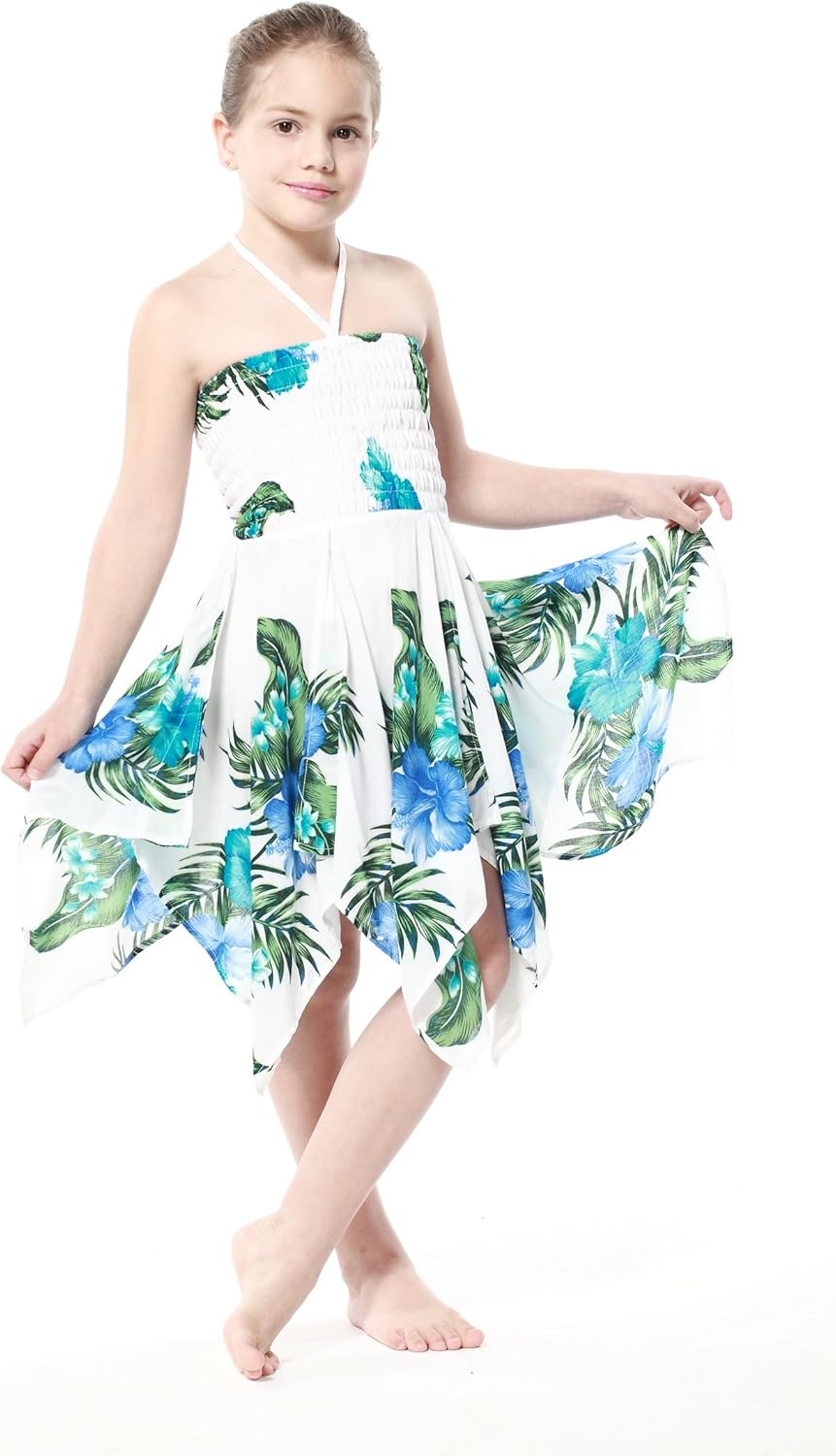 blue and white hawaiian dress