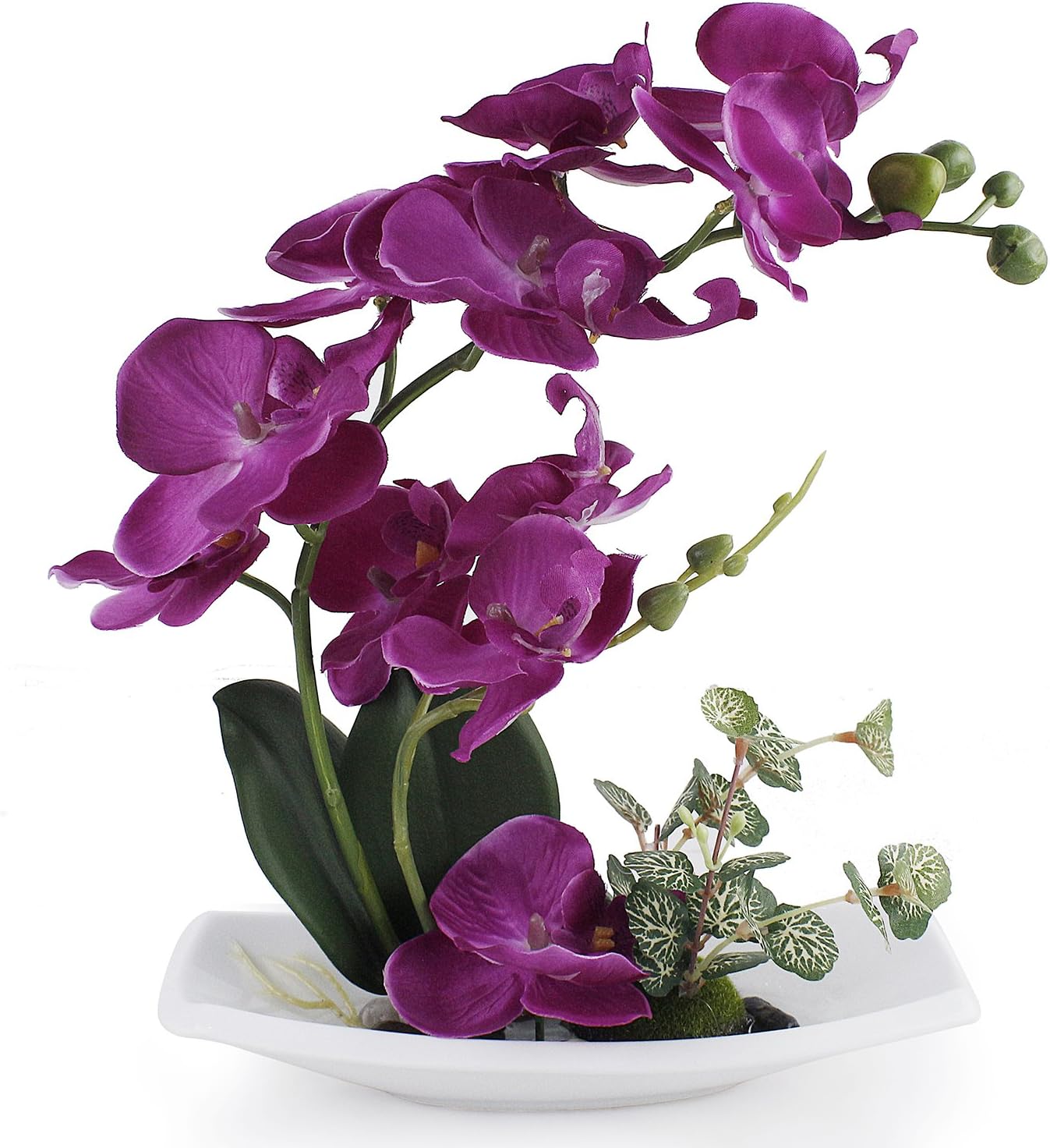 Artificial Orchid Flower Arrangements with White Porcelain Vase, Artificial Bonsai Centerpiece Decoration, Plastic Flowers, Realistic & Lifelike (Amaranth)