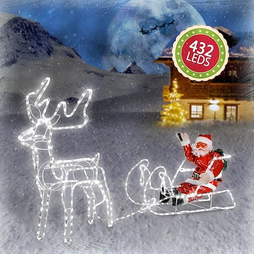 Immagini Babbo Natale Con Renne.Slitta Con Renna E Babbo Natale Con 432 Led 72 Lampeggianti 210 Cm Amazon It Illuminazione