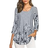 Nandashe Womens 3/4 Sleeves Floral Tunic Shirts Summer Casual Dressy Blouse Tops