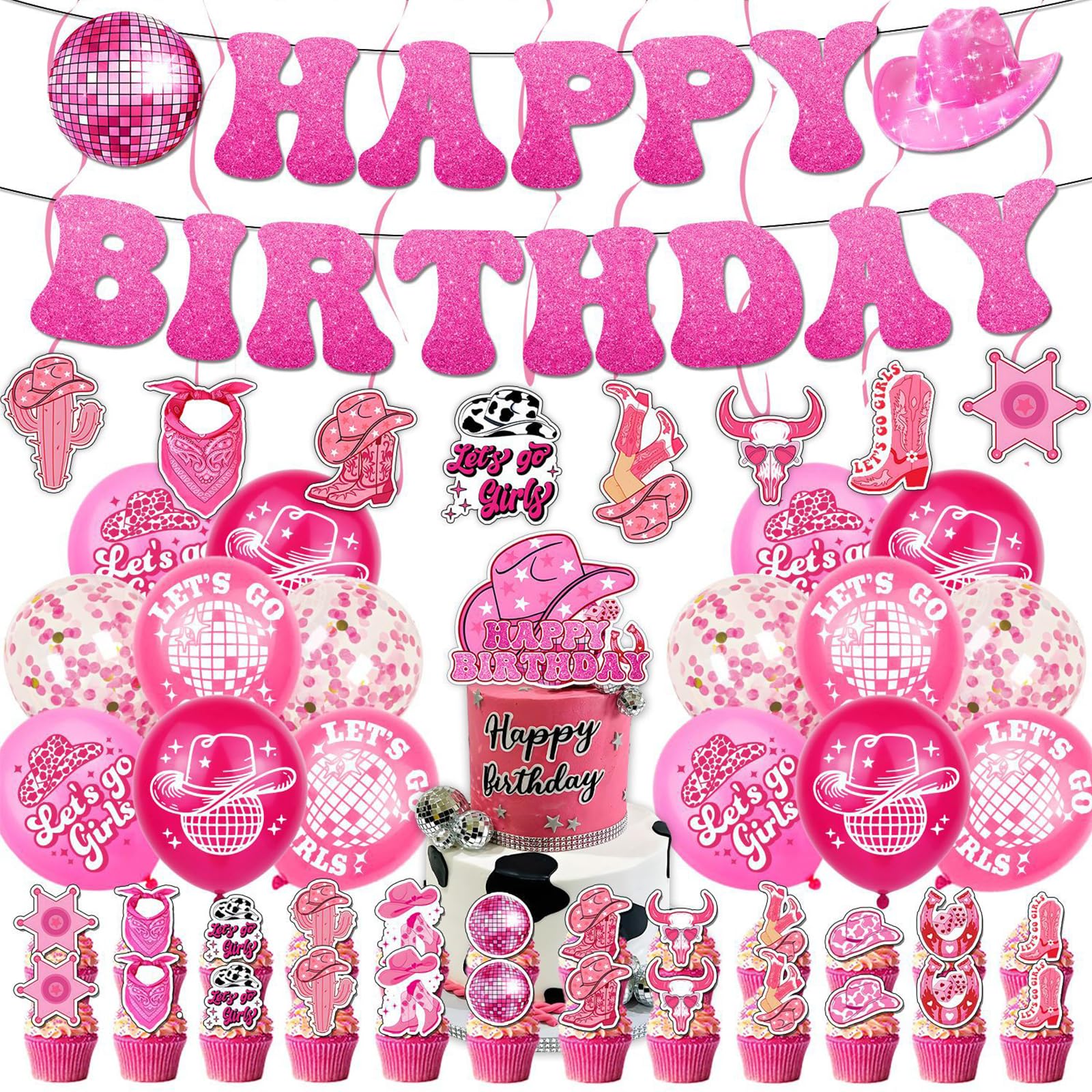 Western Cowgirl Birthday Decorations for Girls, Pink Cowgirl Disco Birthday Party Decorations Set with Happy Birthday Banner, Balloons, Cake Topper & Hanging Swirls, Birthday Shower Supplies for Girls