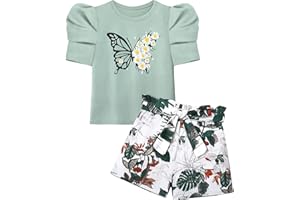 NAPU Girls Clothes, Girls Short Sets Puff Short Sleeve Shirt Tops Elastic Waist Shorts with Belt 2 Piece Girls Summer Clothes