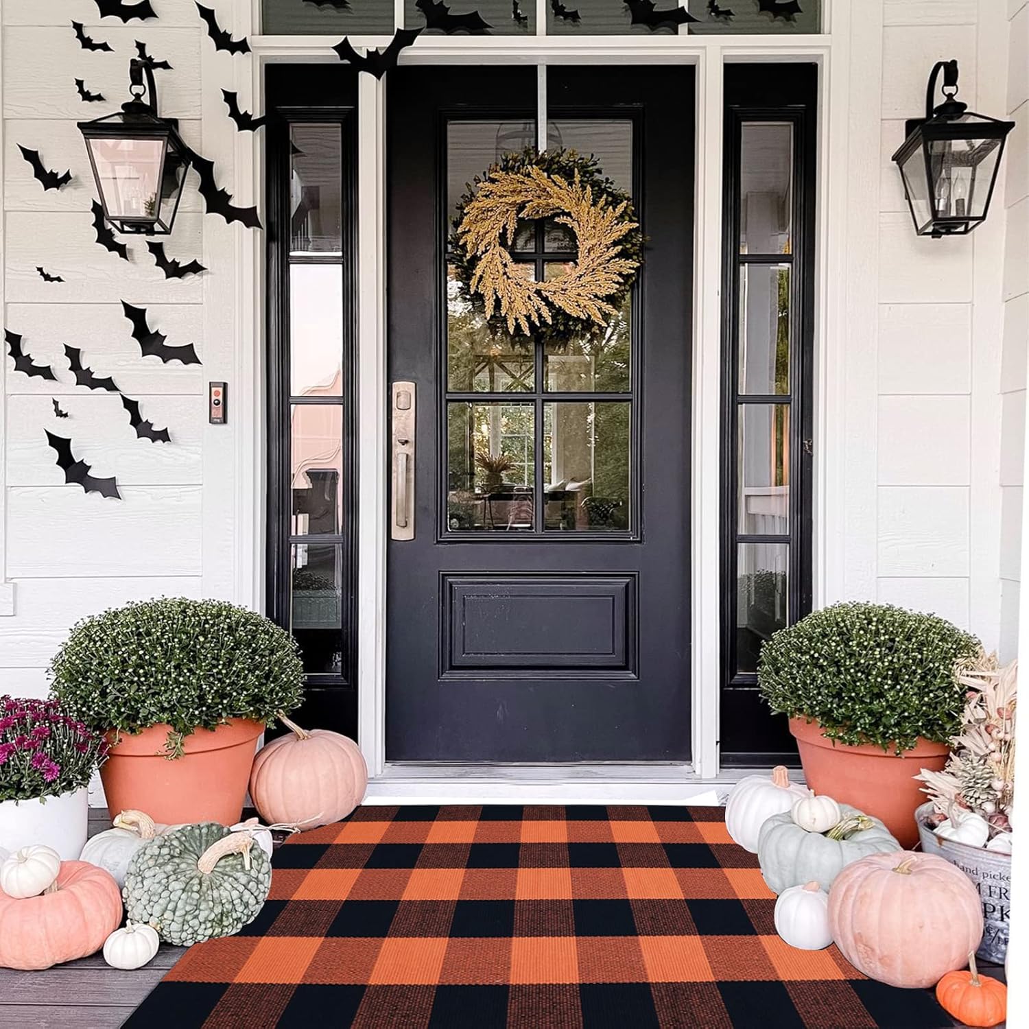 Rugs, Pads & Protectors - Cotton Orange and Black Plaid Rug, 27.5''x43'' Fall Outdoor Front Door Decorative Mat, Hand-Woven Rug for Layered Door Mats Washable Carpet for Porch, Entryway, Farmhouse, Autumn, Halloween