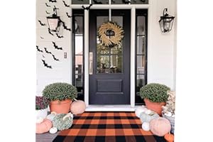 BOTTALIVE Cotton Orange and Black Plaid Rug, 27.5''x43'' Fall Outdoor Front Door Decorative Mat, Hand-Woven Rug for Layered Door Mats Washable Carpet for Porch, Entryway, Farmhouse, Autumn, Halloween