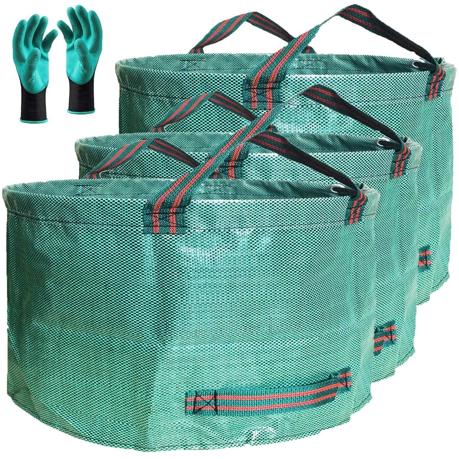 Standard 3-Pack 46 Gallon Yard Home Garden Bags (D26, H19 inch) with Garden Gloves, Camping Waste Bags,Laundry Bag,Lawn Debris Bag,Grass Clipping Bag,Garden Weeds Bag,Leaf Bags,Recycling Bag 4 Handles