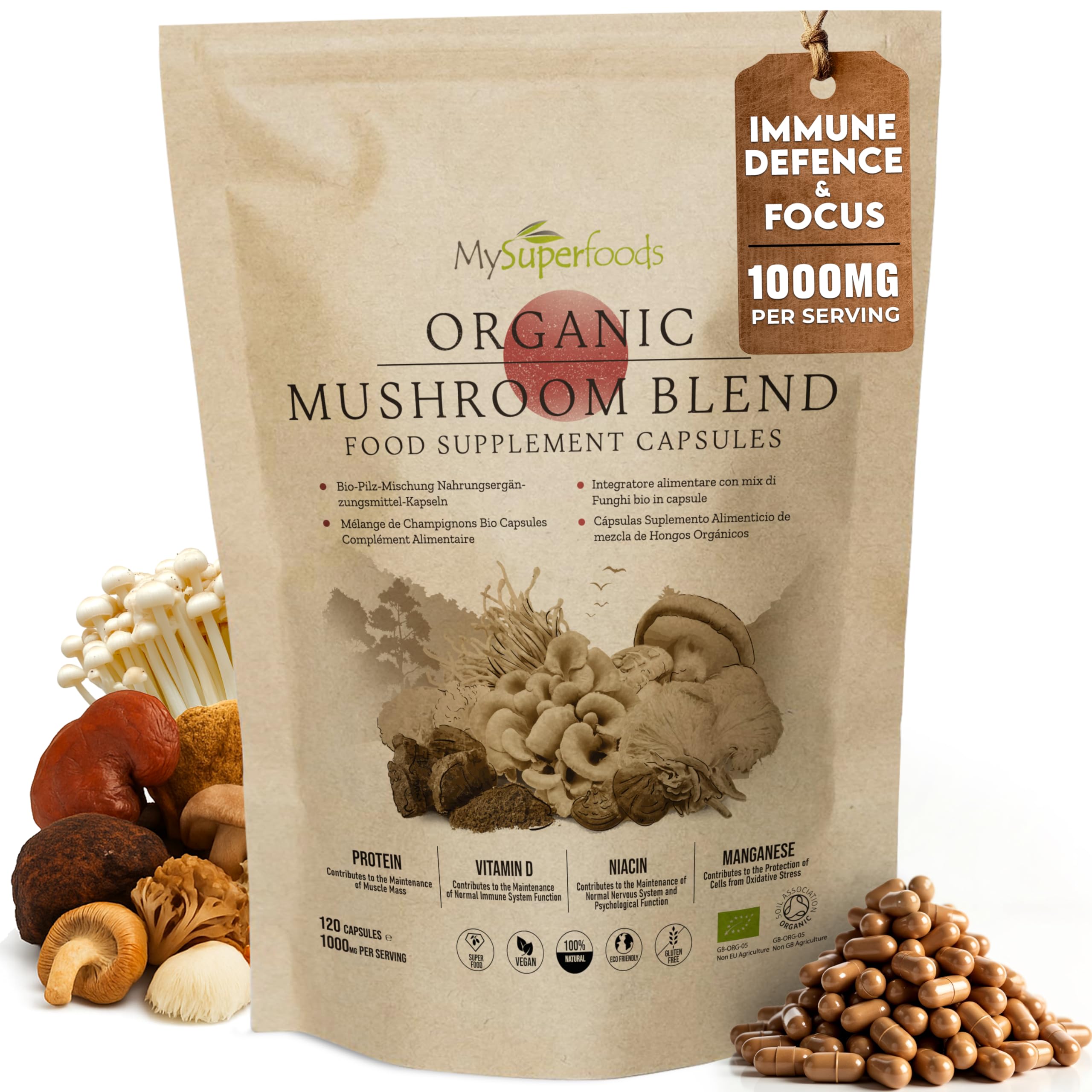 Mushroom Complex Capsules | Organic | 1000mg per Serving | 120 Capsules | Blend of 7 Powerful Medicinal Mushrooms to Boost Your Immune System | MySuperfoods — image 1
