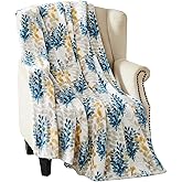 Floral Fleece Throw Blanket: Botanical Velvety Soft, Durable Accent for Bed or Couch Teal and Yellow Leaves, 50 x 70 inches