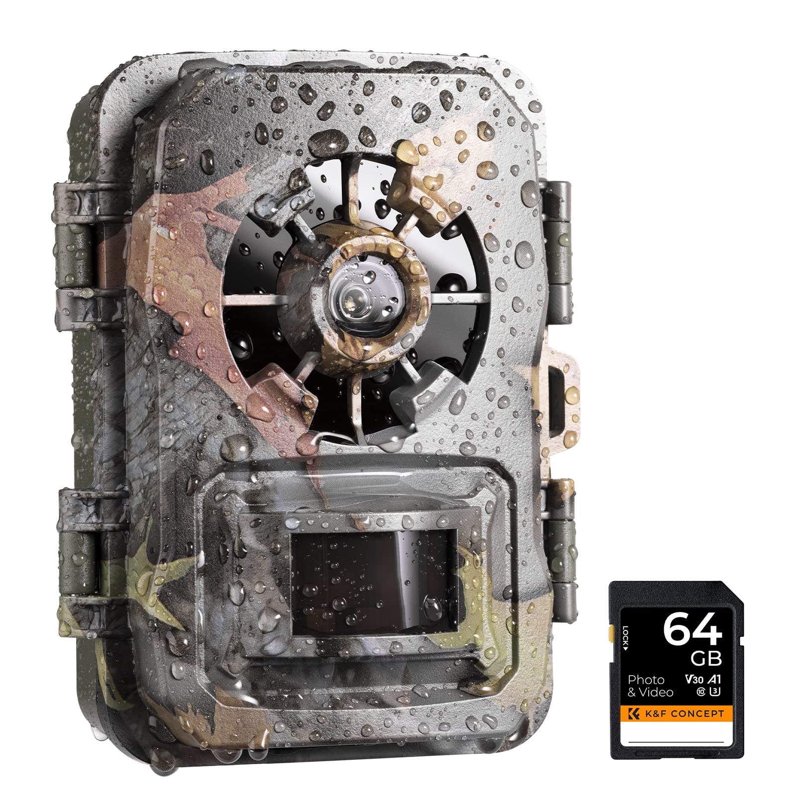 K&F Concept Wildlife Trail Camera, Infrared Game Camera Night Vision No Glow, 0.2s Trigger Speed 24MP 1296P/30fps+64G Card, IP66 Waterproof Scouting Camera Farm Monitoring Motion Activated