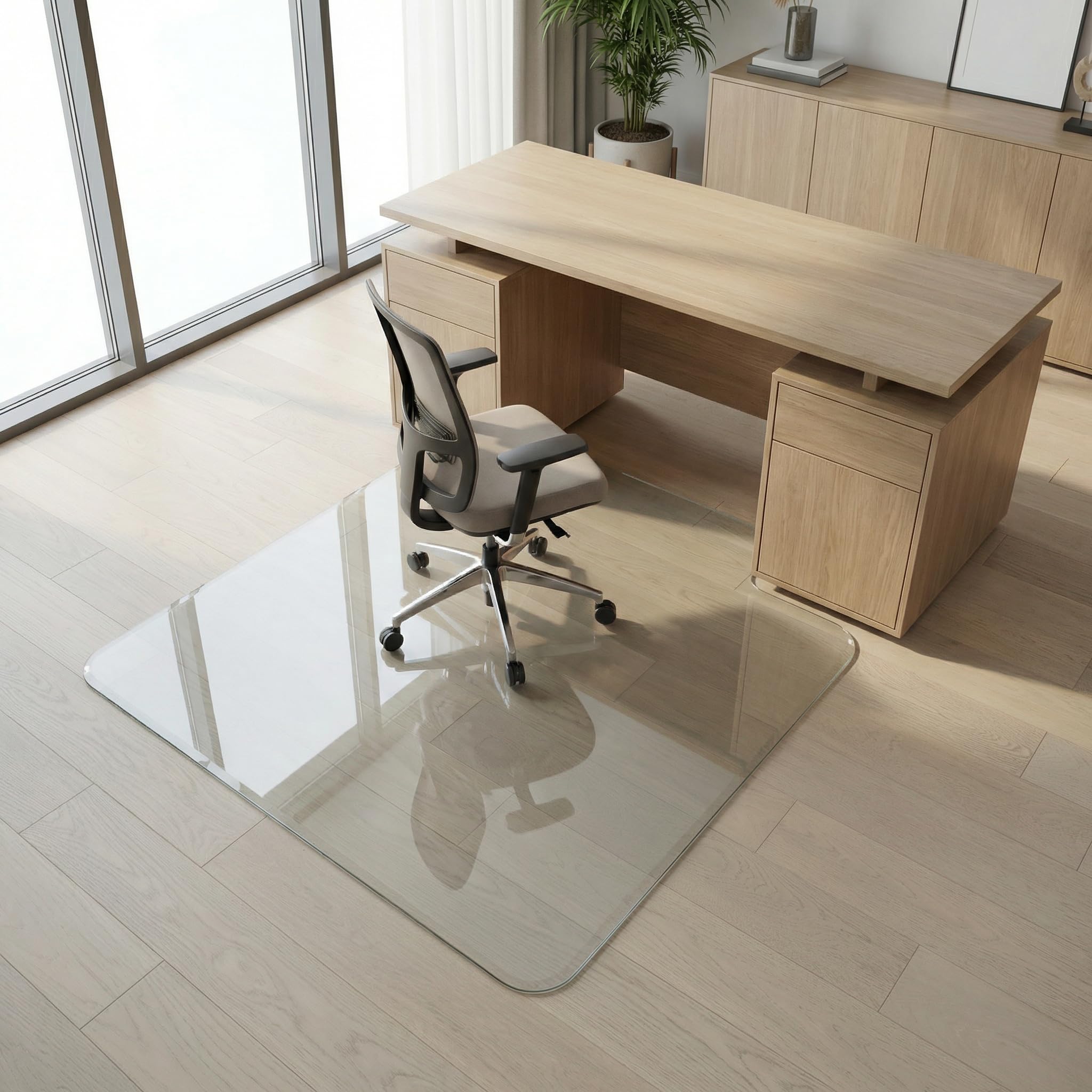36x48 Tabbed Tempered Glass Chair Mat for Carpet with Beveled Edge for Carpet & Hardwood Floors, Smooth Glide Office Chair Floor Protector, 1,000 lb Capacity, Heavy-Duty Glass by Clearly Innovative Image