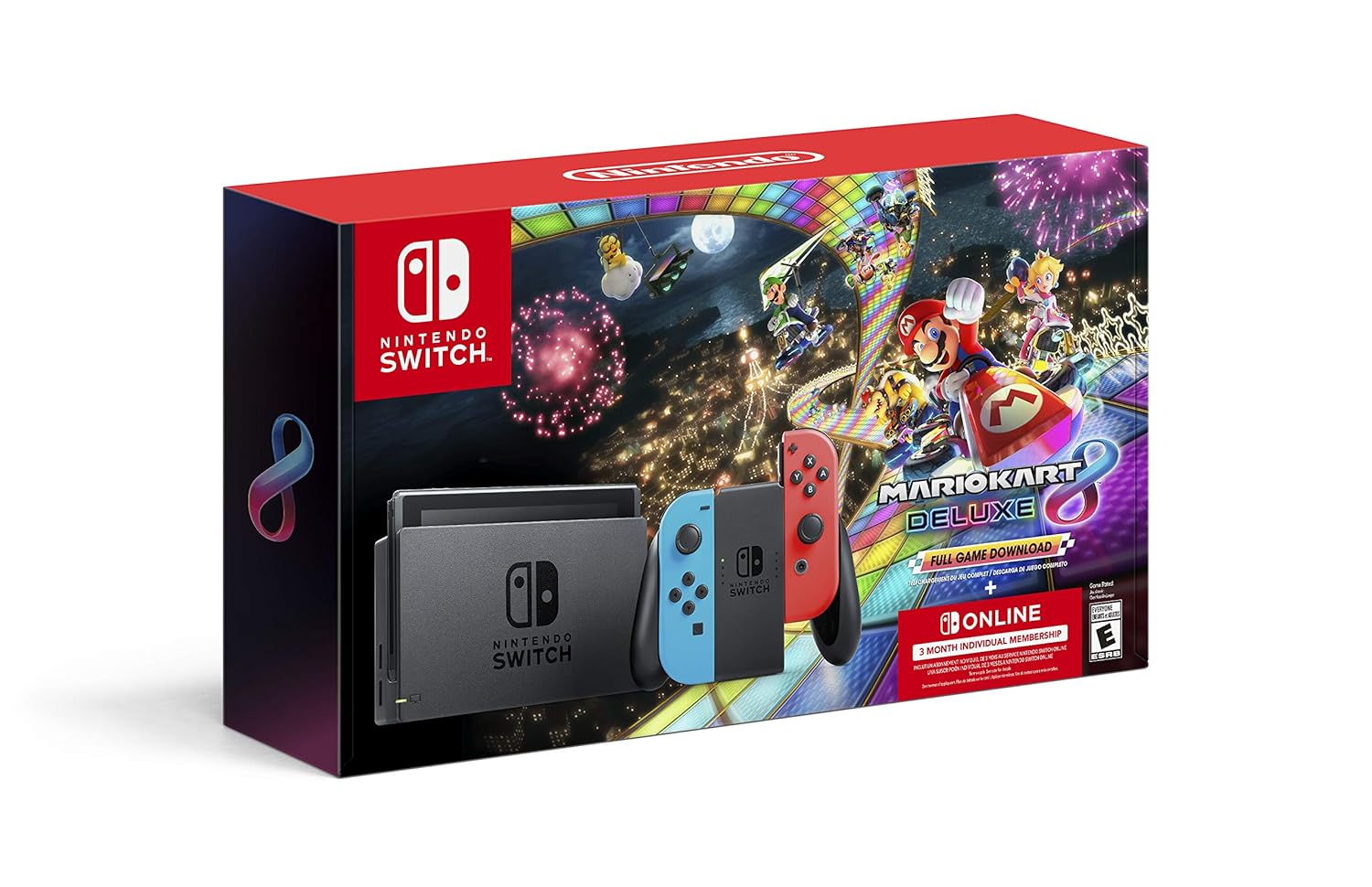 Nintendo Switchâ„¢ w/ Neon Blue & Neon Red Joy-Conâ„¢ + Mario Kartâ„¢ 8 Deluxe (Full Game Download) + 3 Month Nintendo Switch Online Individual Membership