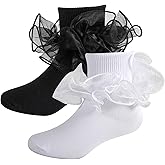 MKYSZLT 2 Pairs Girls Ruffle Socks Toddler Girl Frilly Dress Socks Fold Double Lace Big Ruffles Church Fancy Sock Little Kids