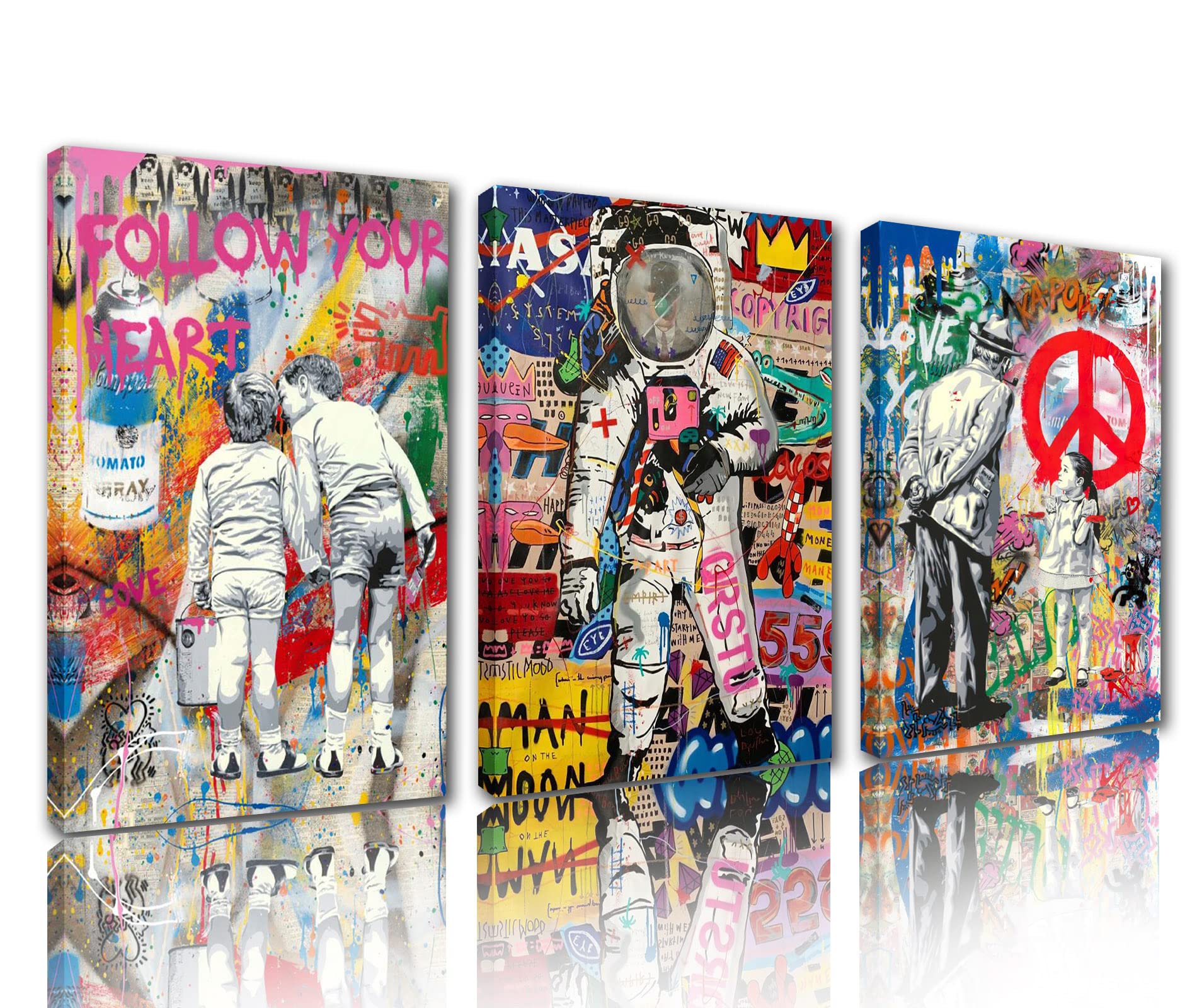 Tucocoo Office Decor for Men Banksy Colorful Pictures Abstract Astronaut Paintings 3 Panel Canvas Graffiti Street Wall Art Modern Artwork Home Decor for Living Room Framed Ready to Hang 42''Wx20''H