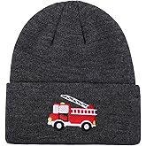 Kids Knit Beanie Cute Fire Trucks Embroidery Warm Cuffed Skull Caps Classic Autumn Winter Hats for Boys Girls 3-8 Years