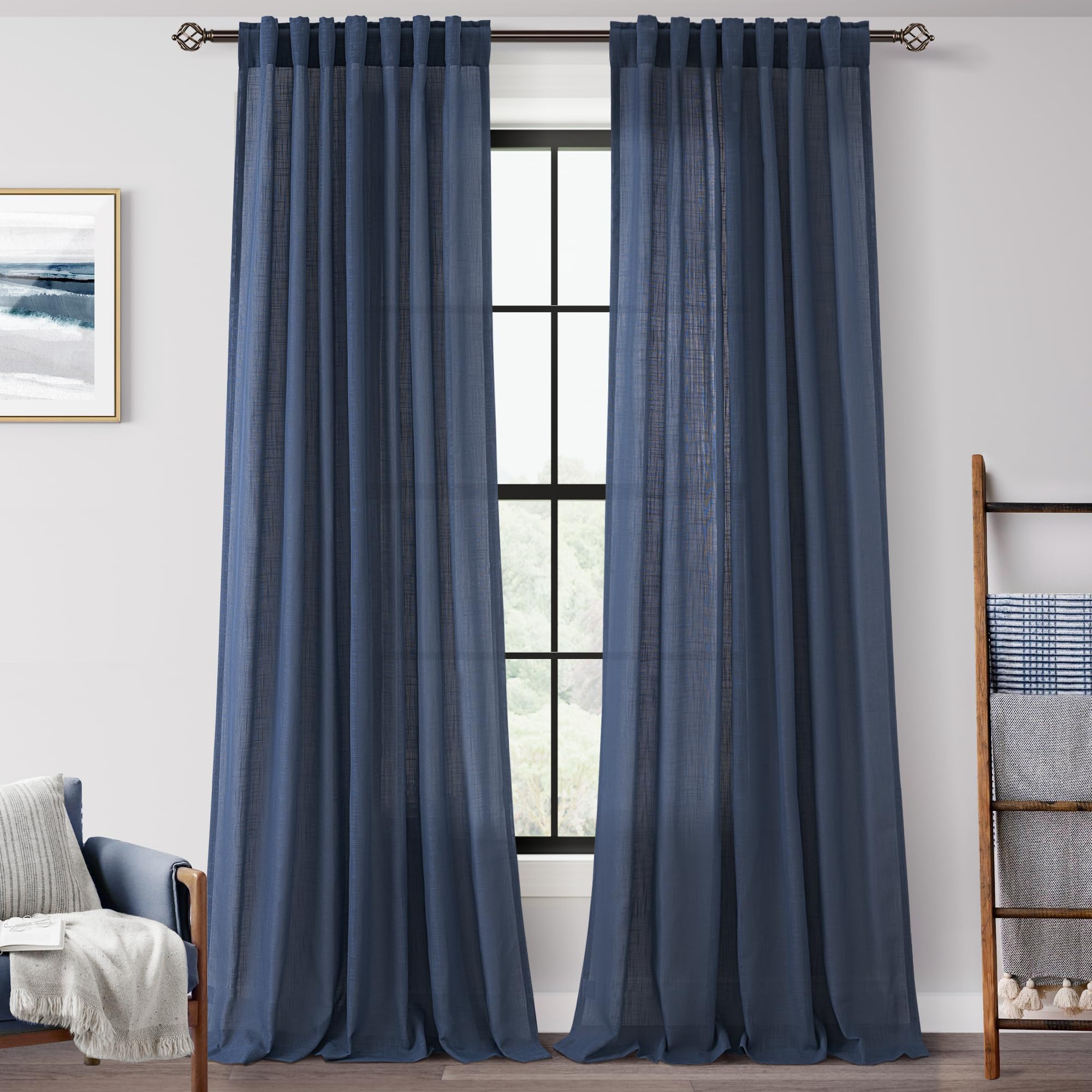 Navy Blue Curtains 92 inch Length for Bedroom Back Tab Light Filtering Semi Sheer Blue Living Room Curtains Linen Cotton Textured Indigo Blue Drapery Panel Modern Farmhouse Aesthetic Decor Dark Blue Image