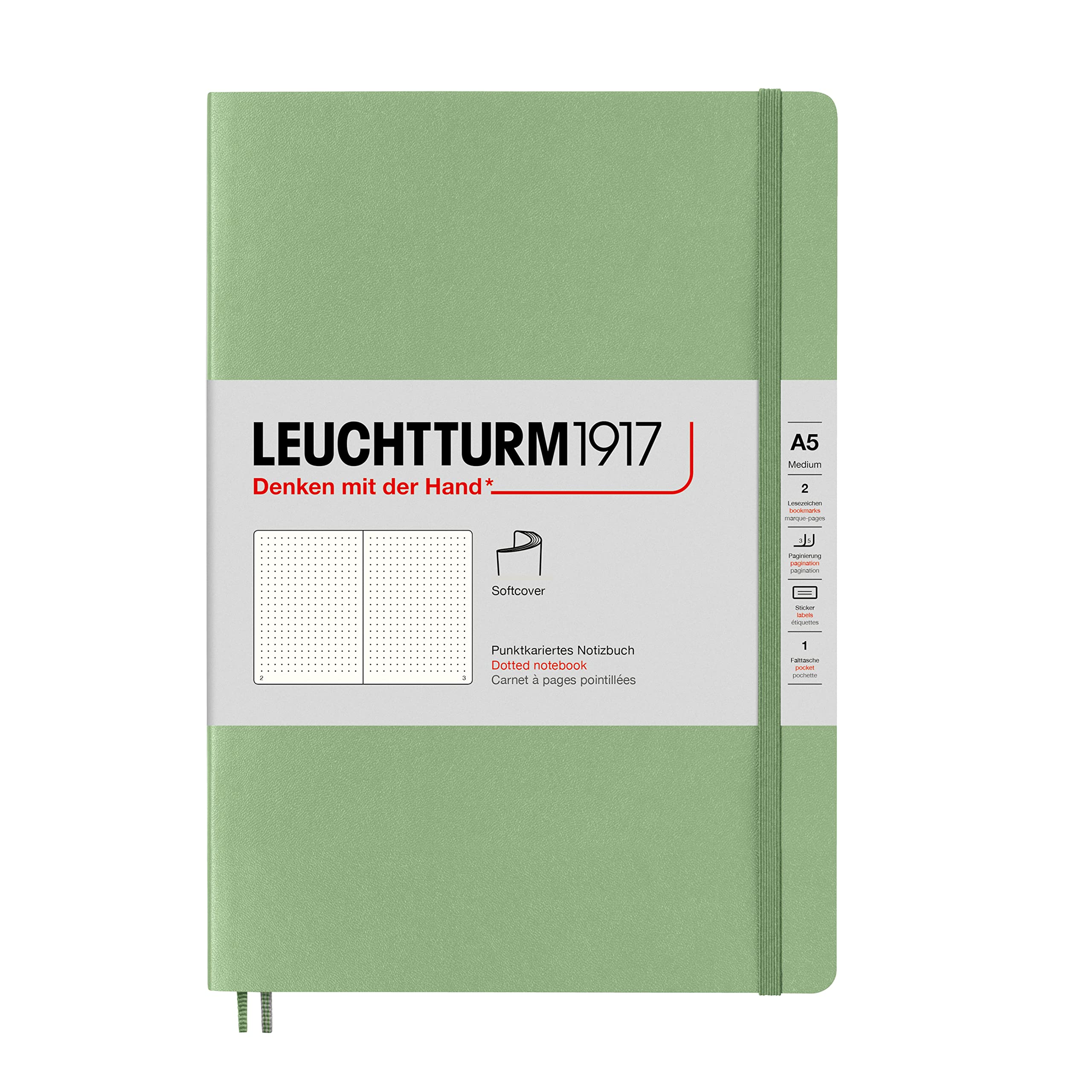 LEUCHTTURM1917 361592 Notebook Medium (A5), Softcover, 123 Numbered Pages, Sage, Dotted