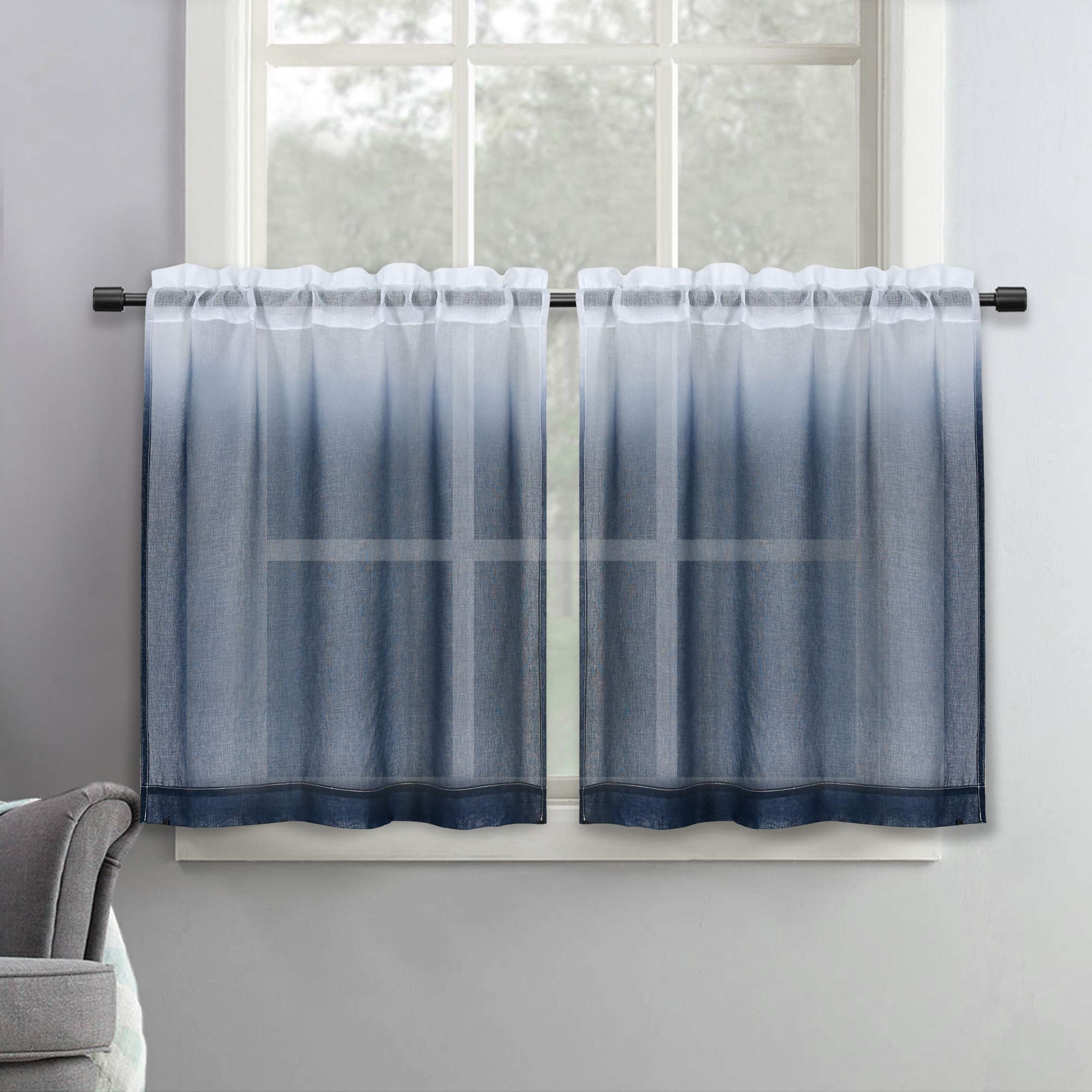 SeeGlee 36 Inch Length Ombre Shee Curtains - 2 Panels Rod Pocket Short Faux Linen Sheer Curtains - Small Sheer Tier Curtains for Kitchen ( 30 Inch Width by 36 Inch,Dark Blue,2 Panels)