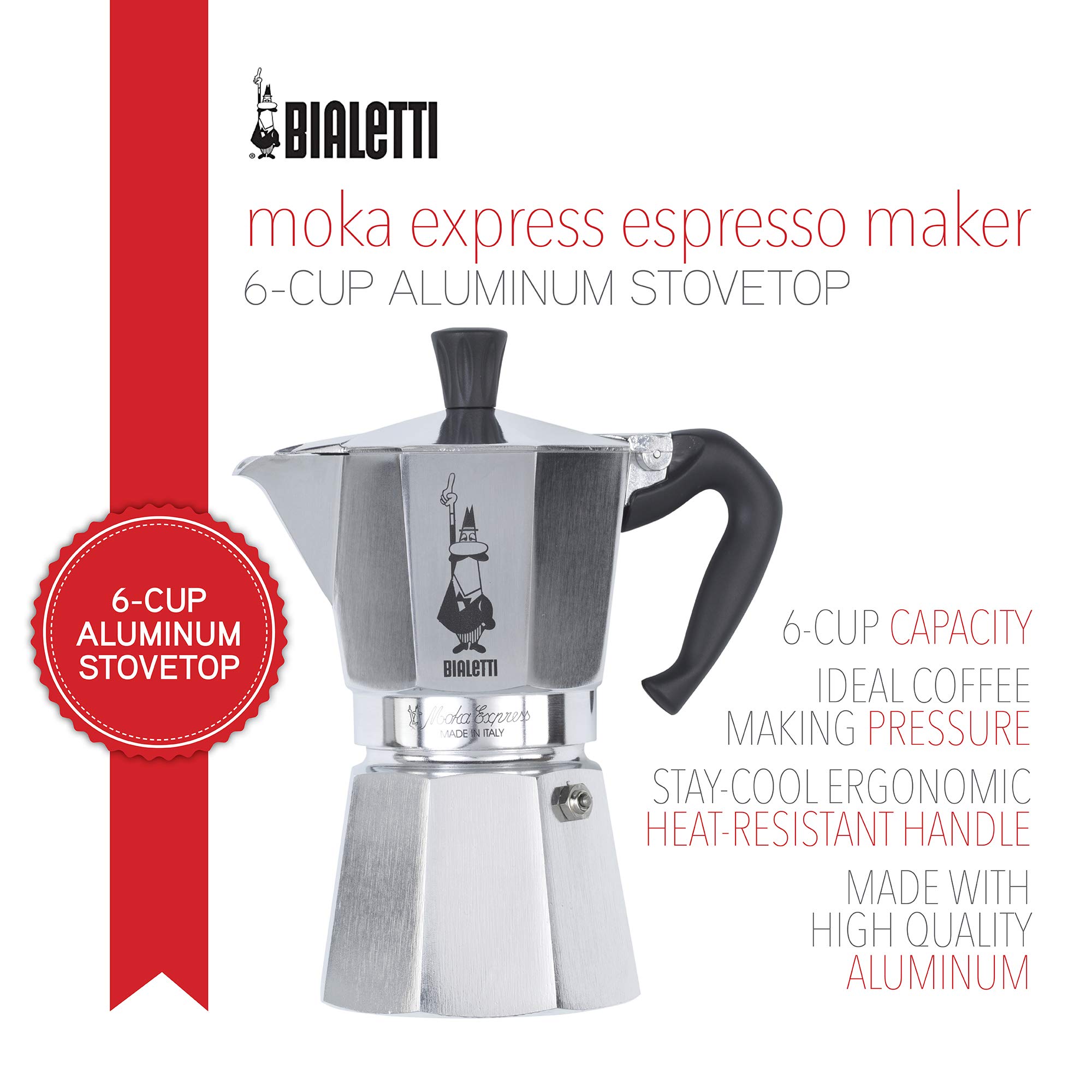 Bialetti 06800 Mocha Espresso Coffee Cooker Gas Stovetop Coffee Maker, 6-Cup Silver 06800