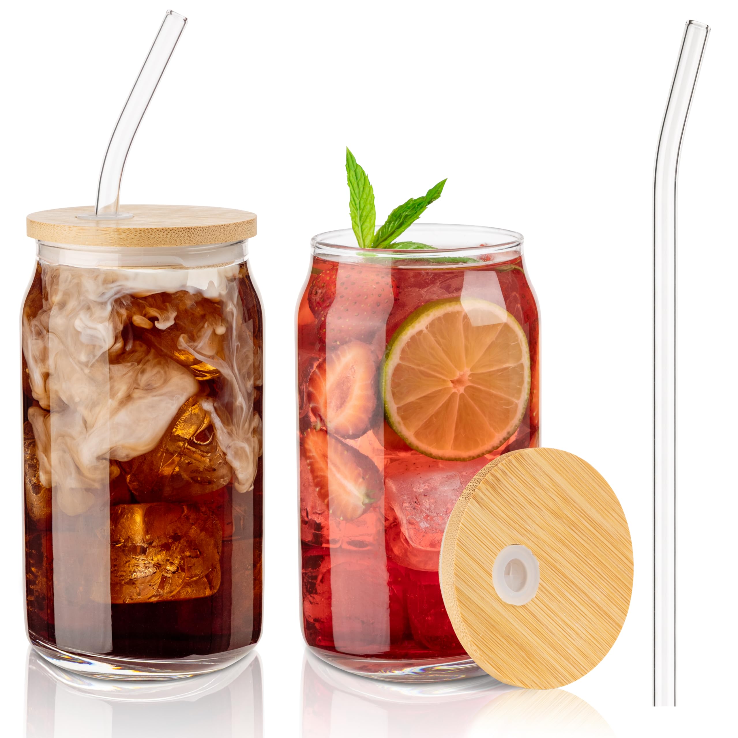 Photo 1 of **SEE CLERK NOTES**
 kitchen Glass Cups with Lids and Straws, 16 Oz - Set of 2 Reusable Iced Cold Coffee Tumblers - Clear Glass Bottle for Water with Bamboo Lids