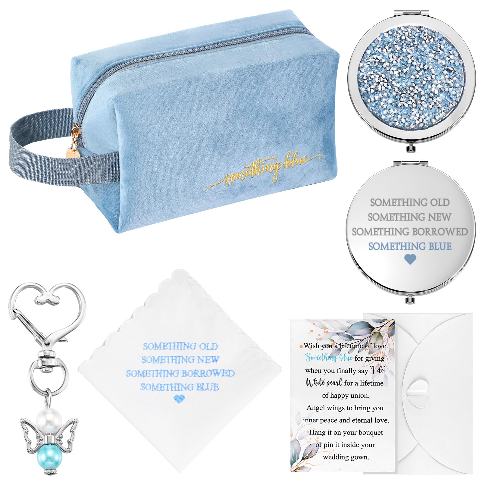 Photo 1 of Set of 6 Something Blue Wedding Gift for Bride Wedding Embroidered Handkerchief Angel Bouquet Charm Something Blue Bridal Cosmetic Bag Diamond Compact Mirror Greenery Card with Envelope Gift to Bride