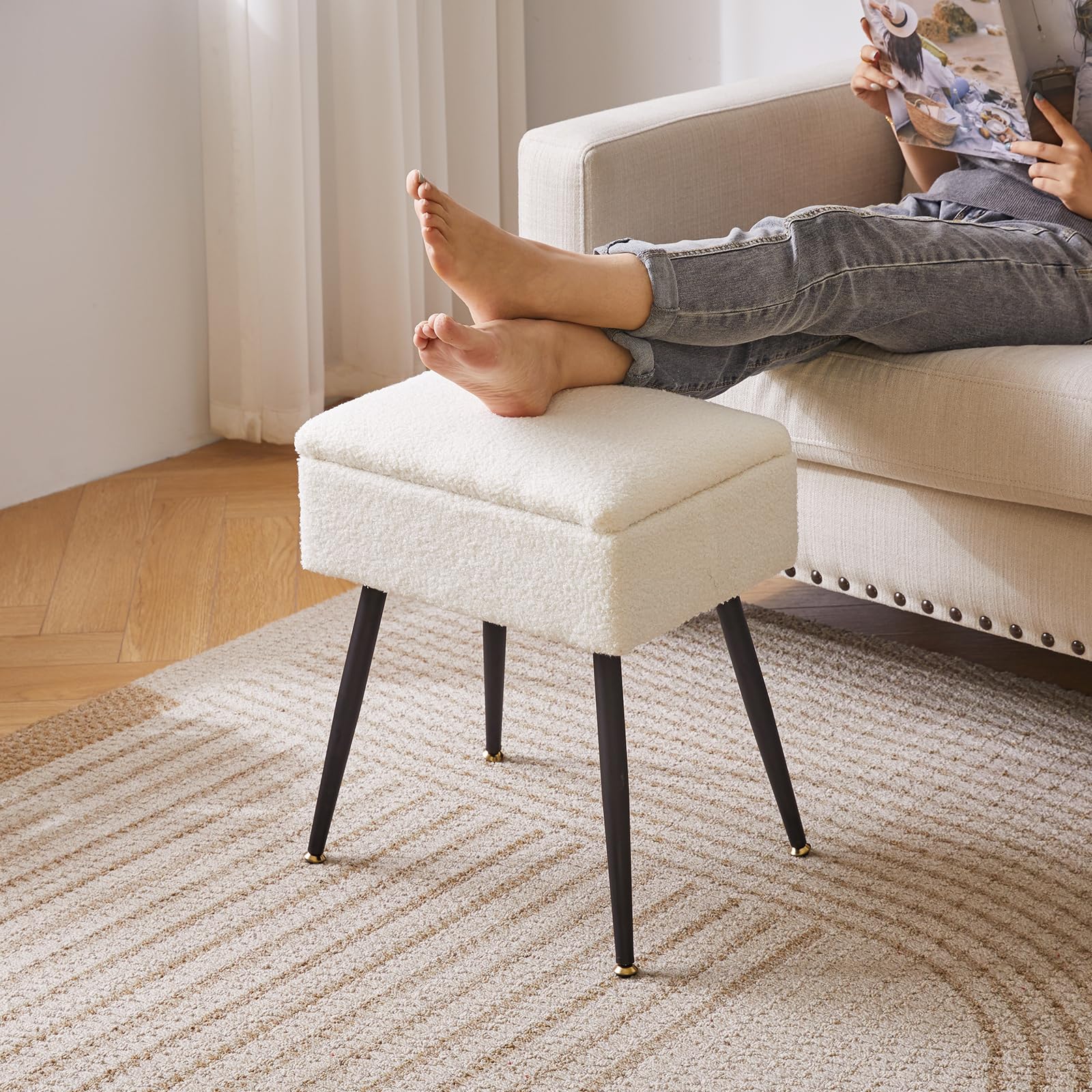 Aibiju Teddyfellimitat Hocker mit Stauraum, Rechteckiger Fußstützenstuhl Ottoman,Schminktischsitz, Kleiner Beistelltisch für Schminkzimmer, Schlafzimmer, Weiß YD-SMS137W 6