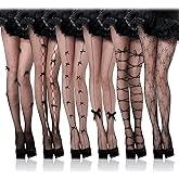 Jeere 6 Pairs Stockings Tights Fishnet Tights Bow Star High Waist Stockings Lace Ripped Gothic Leggings Valentine's Party