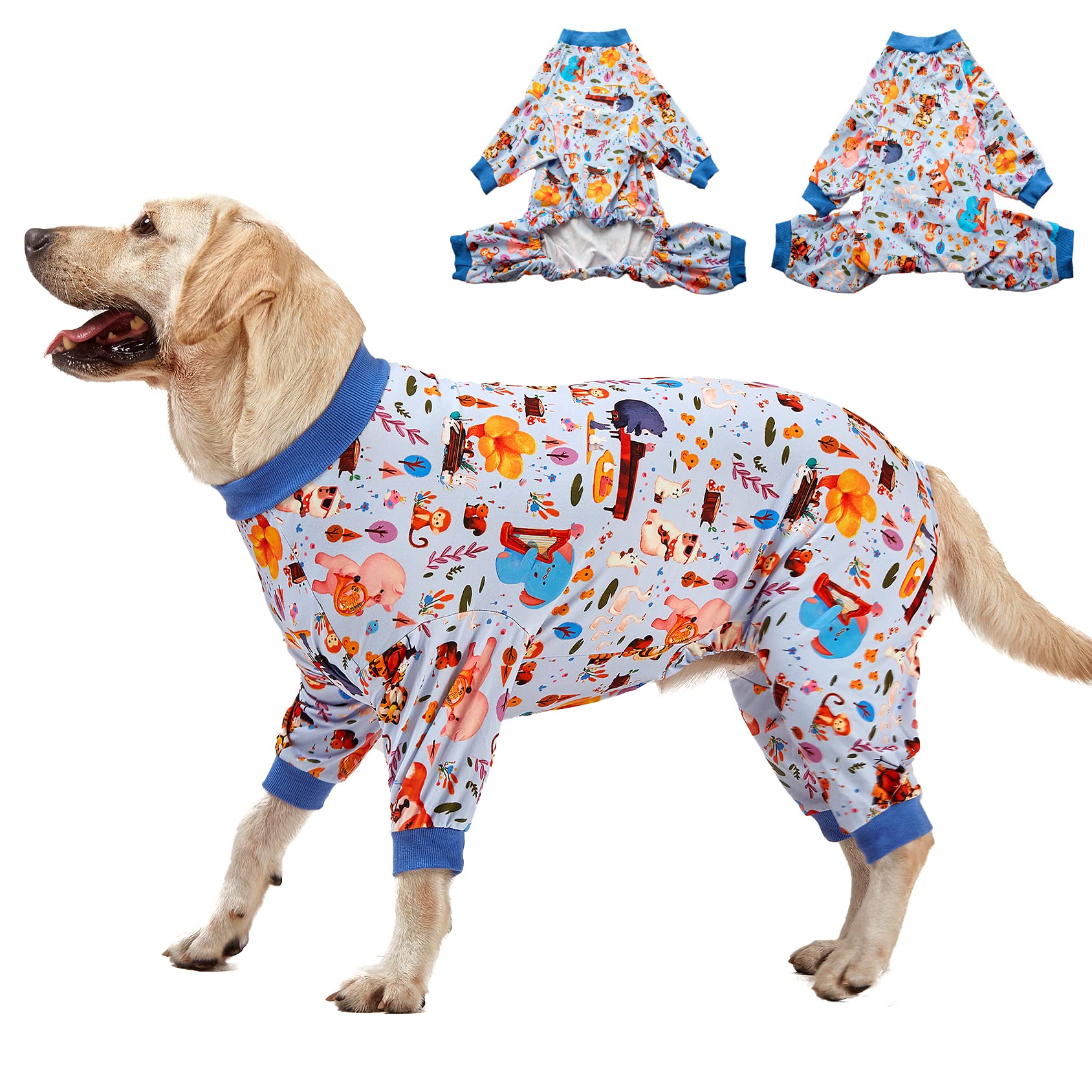 LovinPet Pajamas for Big Dogs, Pet Anxiety Relief, Sun Protection Dog Pajamas, Lightweight Stretchy Knit Fabric, Woodland Musicians Print, PJ's for Dogs, Stop Shedding for Dogs, Pet PJ's, 2XL