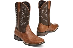 Grakihily Cowboy Boots For Men with Wide Square Toe Western Retro Boot Durable Classic Fashionable Embroidered Country Pull On Resistant Boots