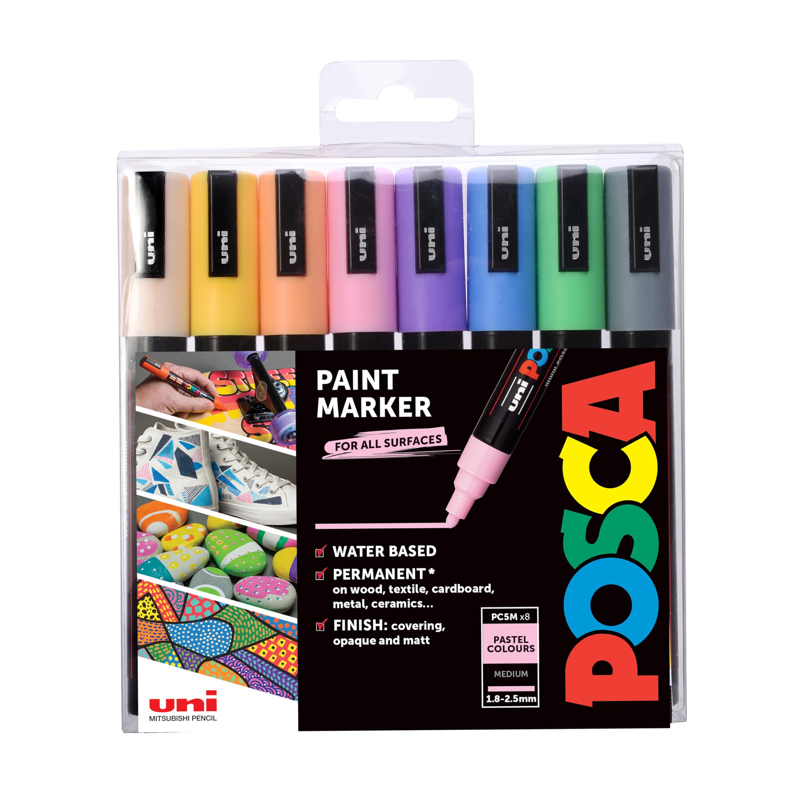 Posca Pens PC-5M Felt Tip Acrylic Paint Colouring Set. Opaque Coloured Permanent Markers for Adults and Children. Ideal on Fabric, Graffiti, Watercolour, Outline, Drawing, Window and Glass Art. 8 Pack