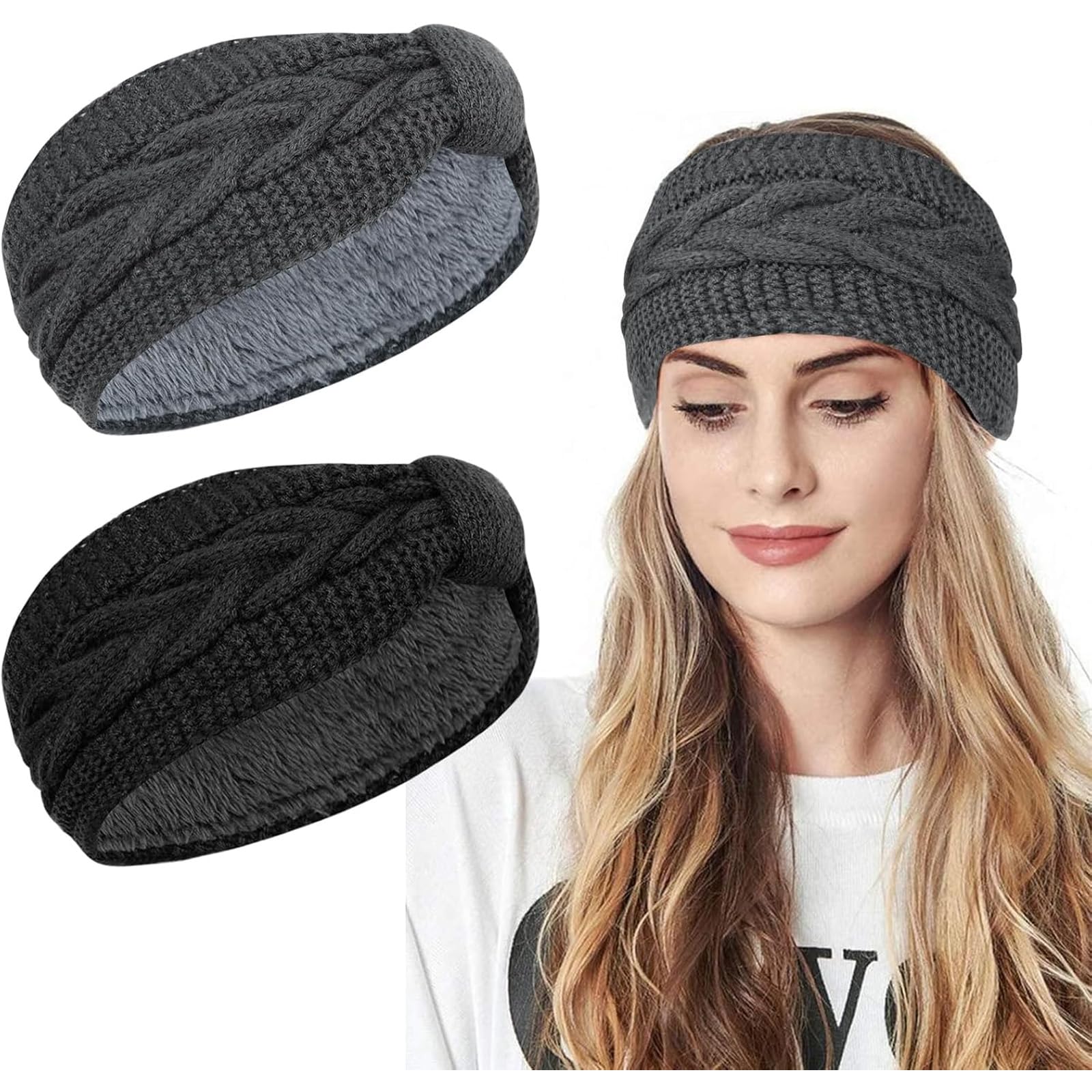 Kavya Winter Headbands for Women's Hair, Crochet Ear Warmers for Women Knitted Headband Fleece Lined Hair Bands Cable Head Band Knit Ear Muffs Turban Thicken Headwrap