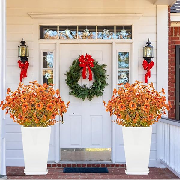 DRT DERUITAI 8 BUNDLES ARTIFICIAL FALL FLOWERS OUTDOOR,UV-RESISTANT FAKE FALL FLOWERS NO FADE OUTDOOR PLASTIC FAUX FLOWER PLANTS FOR OUTSIDE HOME DECOR(ORANGE GREEN)