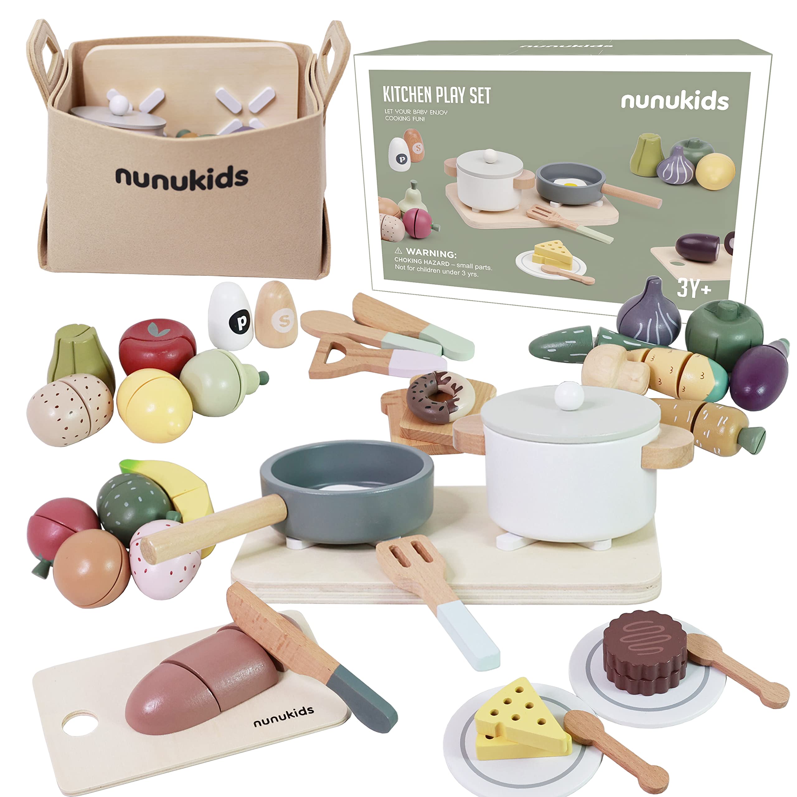 Photo 1 of nunukids Wooden Play Food Sets for Kids Kitchen 42 pc Wooden Toys with Storage Basket Wood Pretend Food Play Kitchen Accessories Set