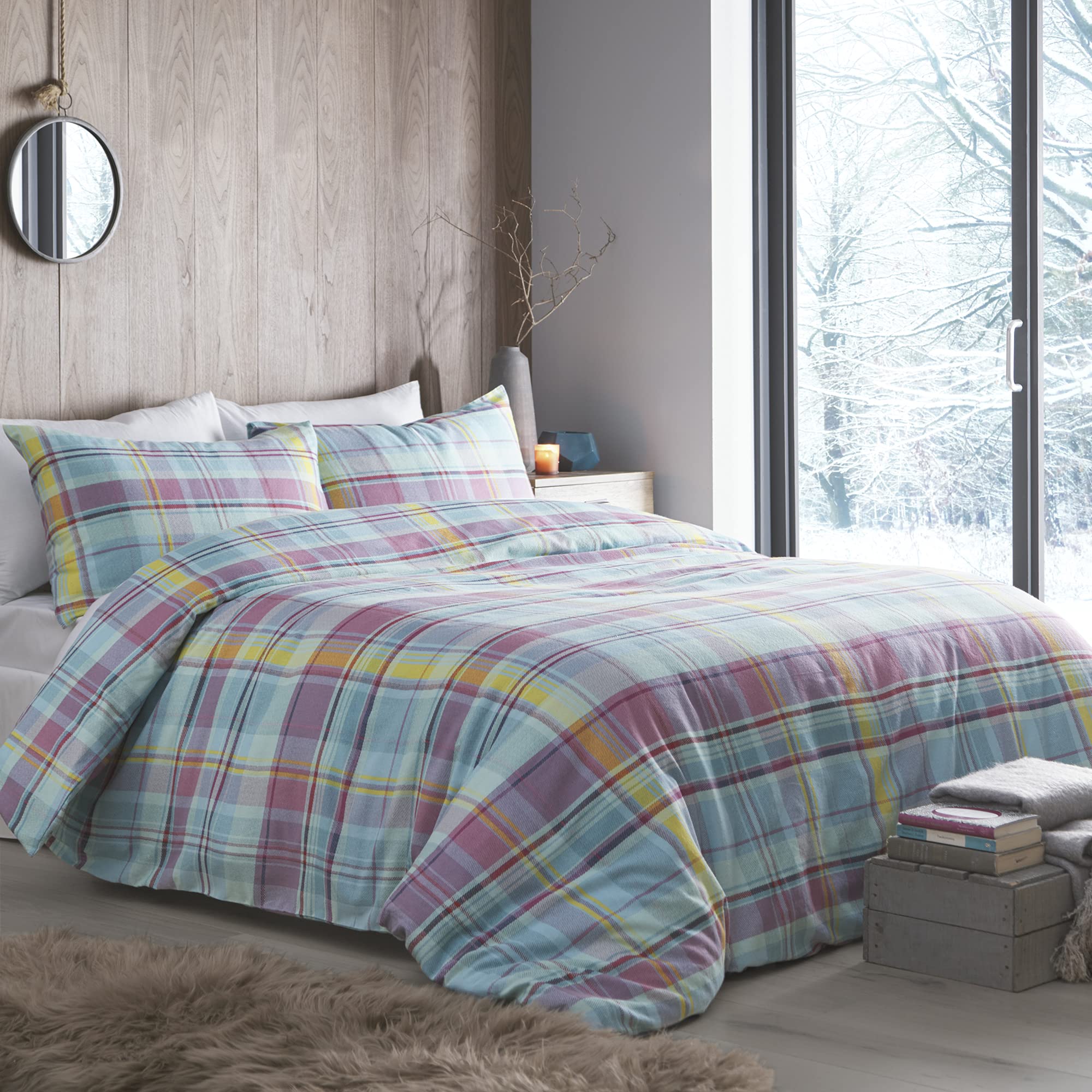 Appletree - Candy Brushed Cotton Plaid Duvet Cover - Double Bedding Size (200 x 200cm) - Soft Cotton - 2 Pillowcases - Multi-Colours Check Duvet Cover - Flannelette Tartan Bedding in Pastel Colours