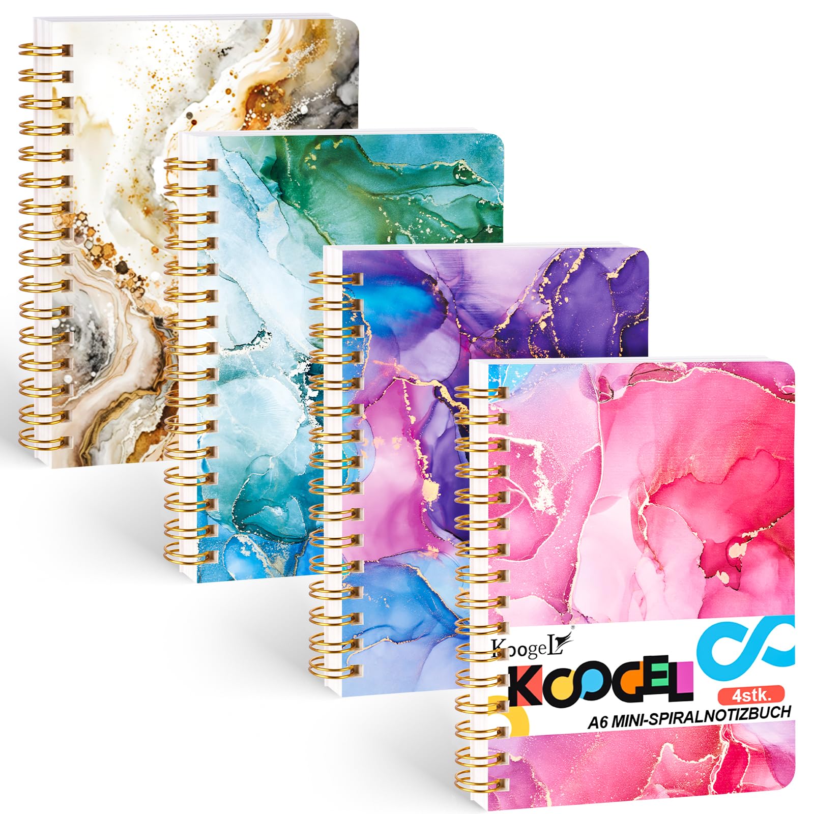 Koogel 4 Stück Mini-Spiralnotizbuch, A6 Marmorierte Taschennotizbücher Kleines Notizblock für Frauen als Geschenk für Büro und Schule