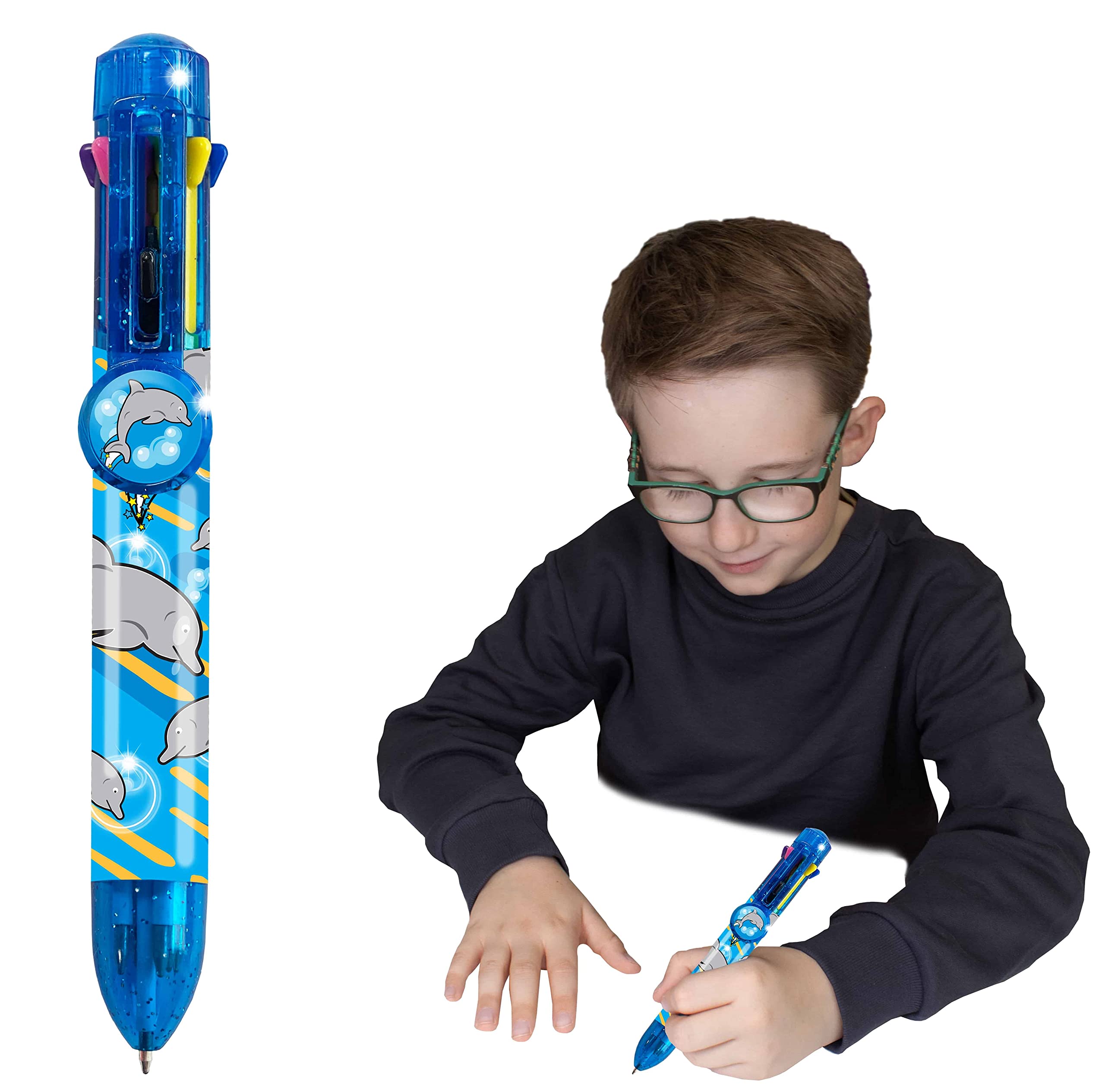 Rainbow Writer - Dolphin Pen by Deluxebase. 8-in-1 Multicolour Retractable Ballpoint Pen with a Blue Glitter Barrel, Fun Novelty Kids Stationery, School Supplies or Party Bag Filler.