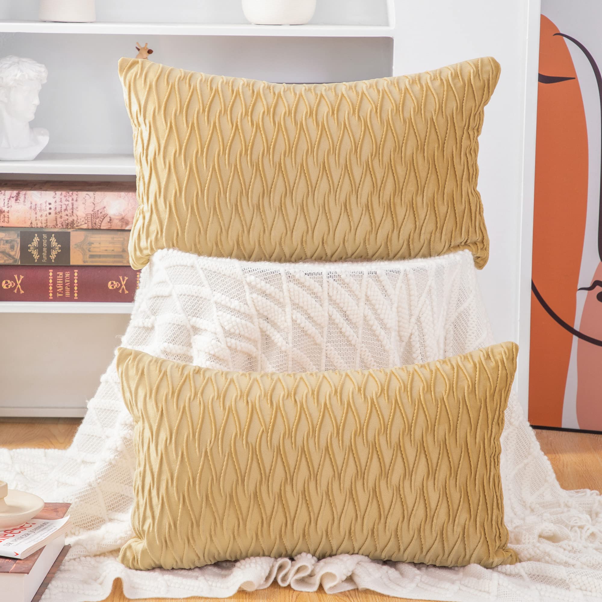 Madizz Pack of 2 Super Soft Velvet Decorative Cushion Covers with Texture Luxury Style Throw Pillow Cases Pillow Shell for Sofa Bedroom Khaki 12x20 inch Rectangular