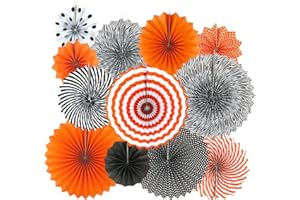AKIO CRAFT Black Orange Party Hanging Paper Fans Party Ceiling Hangings Halloween Baby Shower Birthday Wedding Party Decorations, 12pc