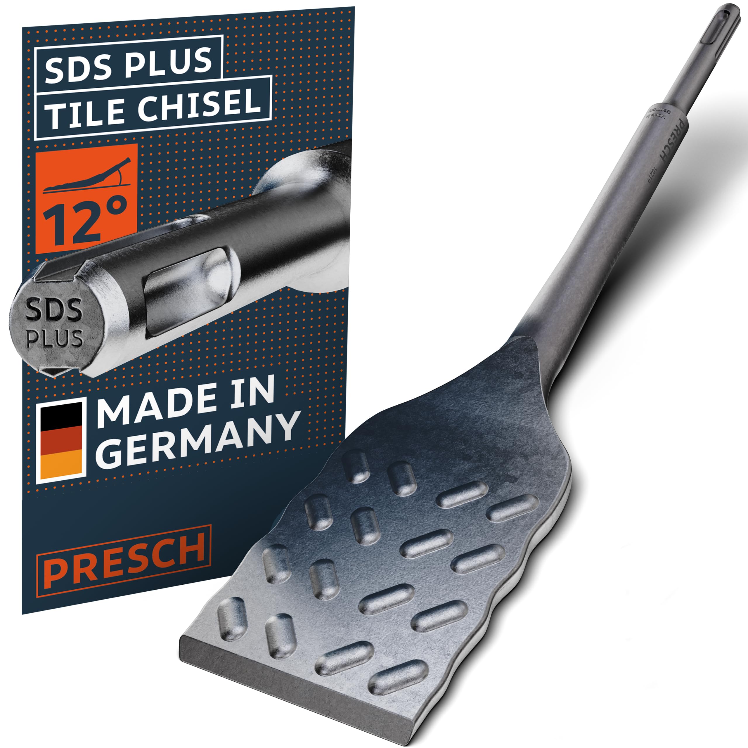 Presch SDS-Plus Tile Chisel - Extra Long (250mm) - Extremely Durable Edge (50mm Wide) - Angled for Easy Tile Removal - Chisel Made of high-Performance Steel for Powerful Strikes