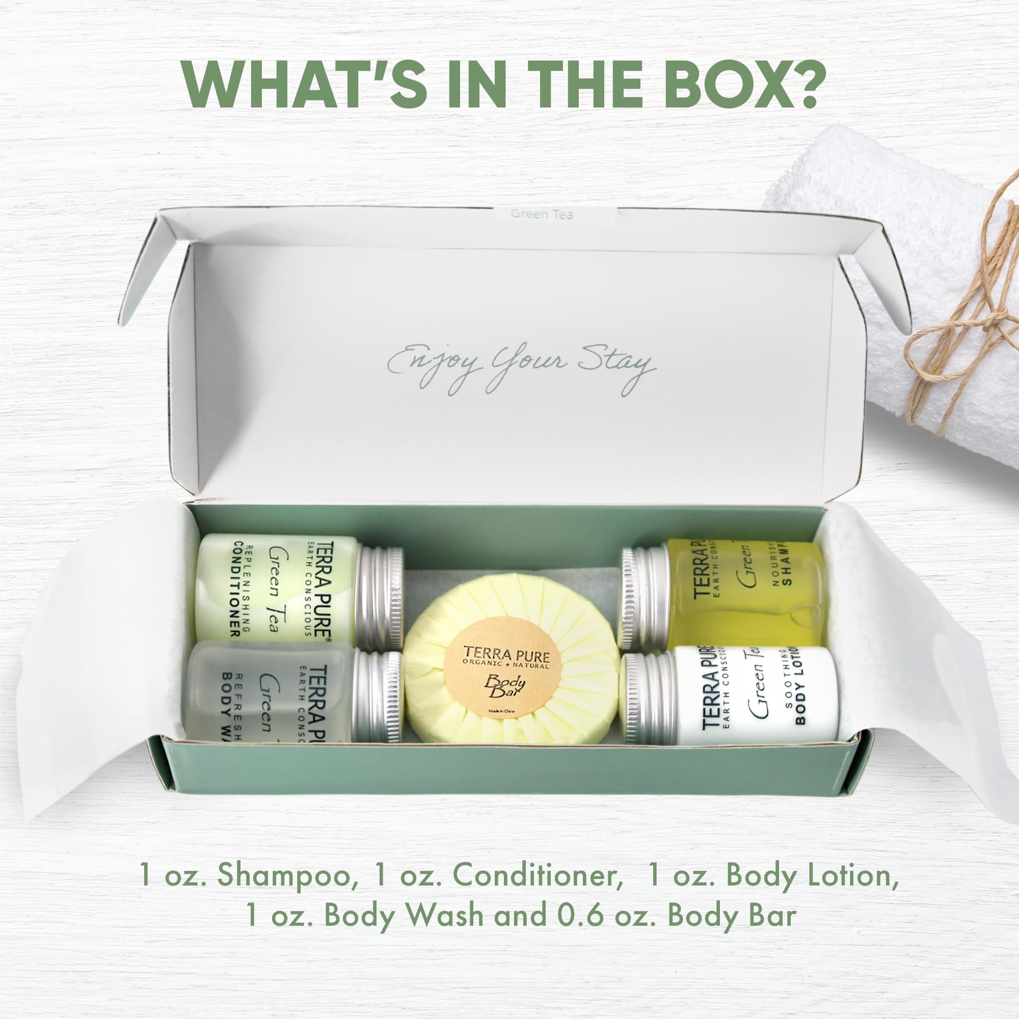 Terra Pure Green Tea Amenity Kit | Boxed Hotel Bulk Toiletries | 1 oz Shampoo, Conditioner, Lotion, Body Wash, Body Bar Soap for Guest Hospitality Vacation Rentals | 1 Set/Case