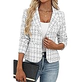 ELLEVEN Women's Tweed Blazer,2 Button Long Sleeve Jacket Slim Fit Business Suit with Pockets