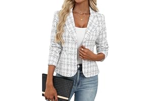 ELLEVEN Women's Tweed Blazer,2 Button Long Sleeve Jacket Slim Fit Business Suit with Pockets