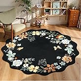 Lahome Floral Washable Round Area Rug, Soft Round Rugs 6ft Ultra-Thin Black | Non-Slip Boho Large Circle Carpet for Bedroom Living Room Kitchen Nursery Flore Black/Grey