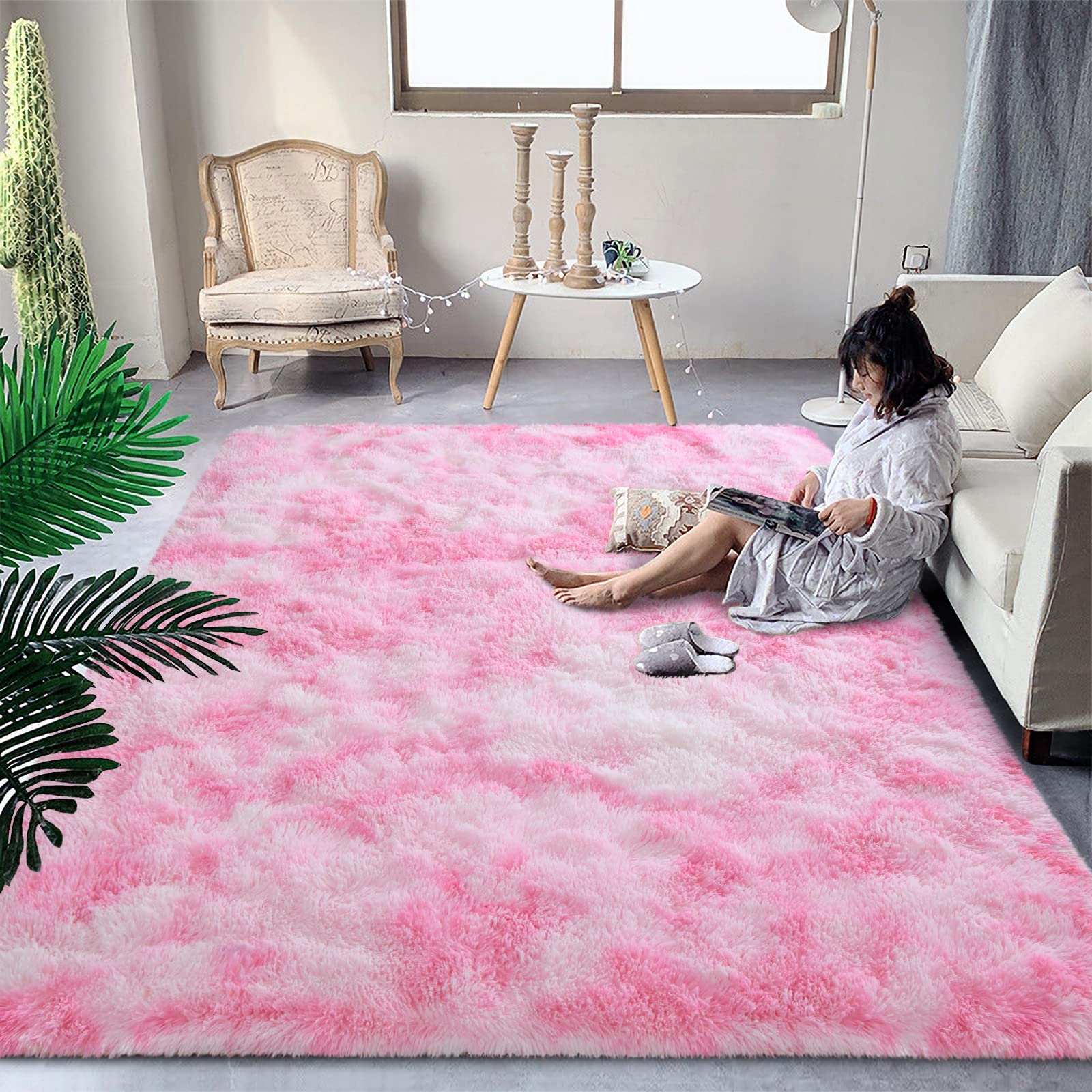 DweIke Extra Large Fluffy Area Rug, 5x8 ft Modern Indoor Carpets for Living Room Bedroom, Plush High Pile Tie-Dyed Rug for Girls Kids Playroom Classroom Nursery Home Décor, Pink — image 1