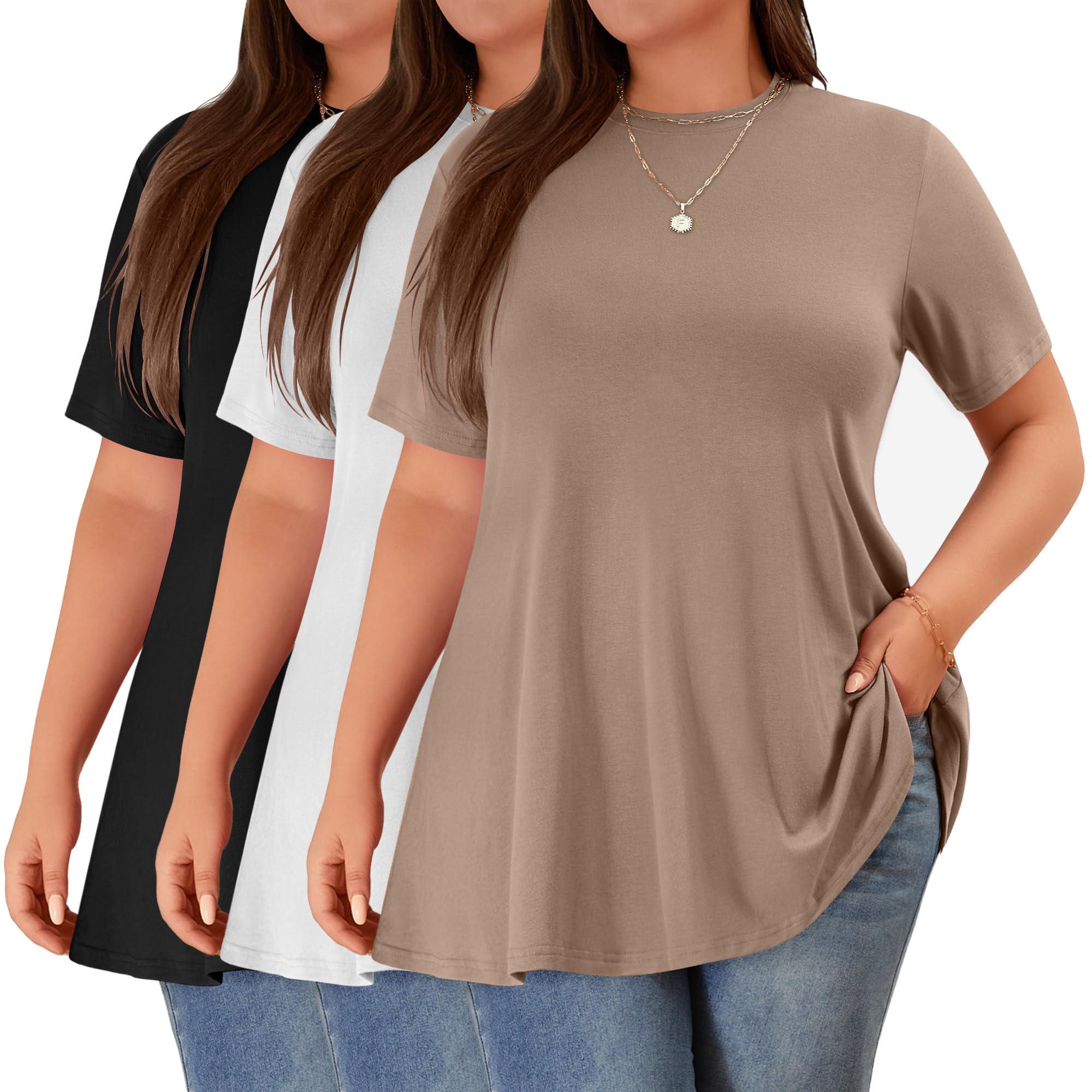 Photo 1 of Riyiper 3 Pack Women's Plus Size Tunic Swing Tops Crew Neck Cotton Short Sleeves Loose Fit Summer Tee Shirt with Leggings(Khaki, White, Black,4X-Large)