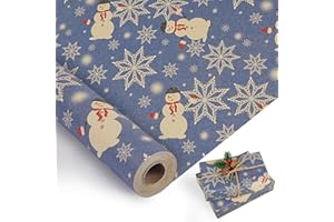 Christmas Wrapping Paper Roll, Recycled Navy Blue Vintage Xmas Wrapping Paper, Snowman Snowflake Design Kraft Wrapping Paper 