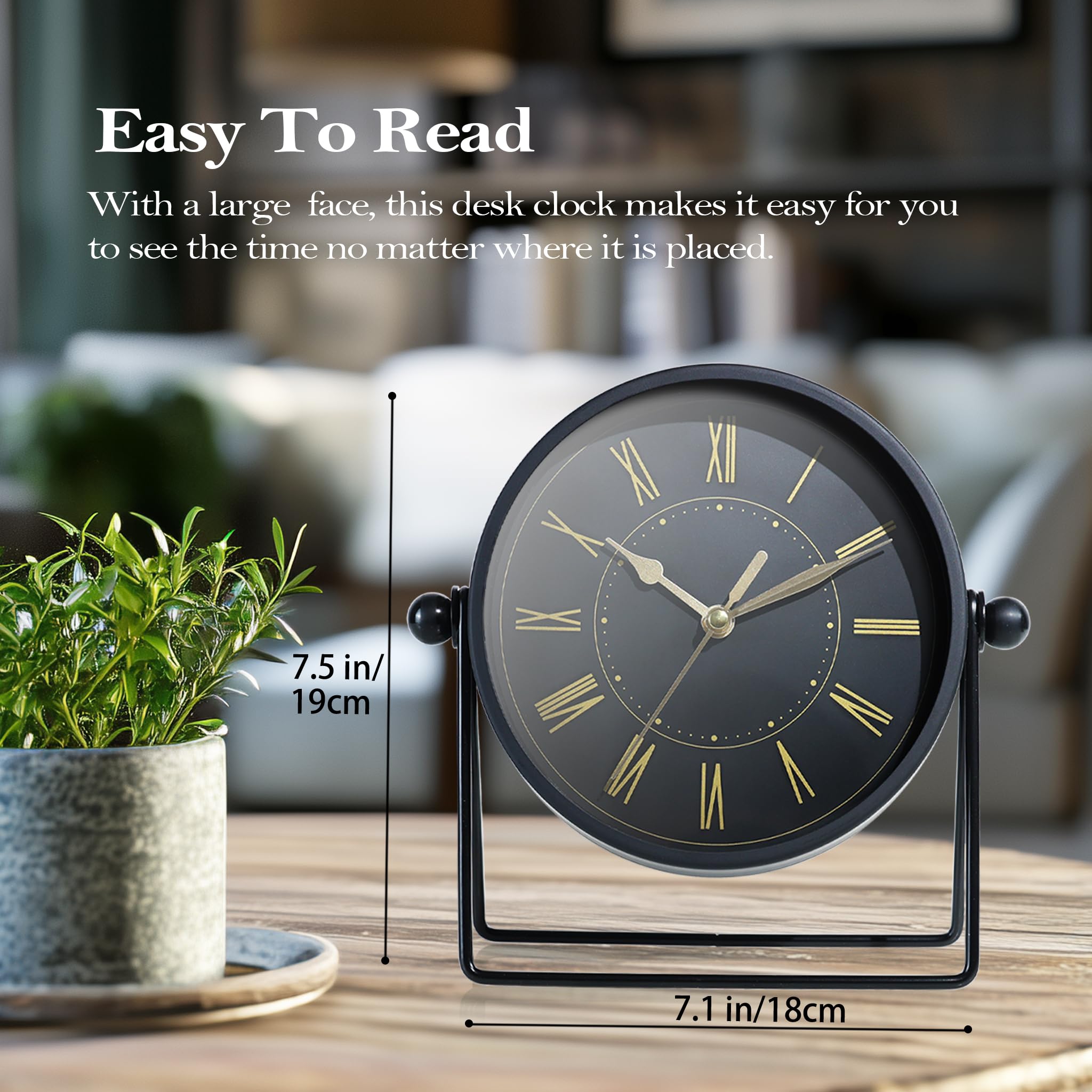 AYRELY® Vintage Metal Table Clock - Silent Non-Ticking Mantel Clock with Adjustable Angle, Retro Style Analogue Grandfather Clock for Living Room, Shelf, Fireplace & Office (Black/Gold)