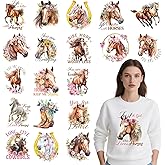 Rngmsi Dtf Transfers Ready to Press - 20 Pcs Horse Iron on Patches for T-Shirts, Western Cowgirl Flower Iron on Stickers, Inspirational Heat Transfer Vinyl Decals for Clothes Bag DIY Fabric Decor