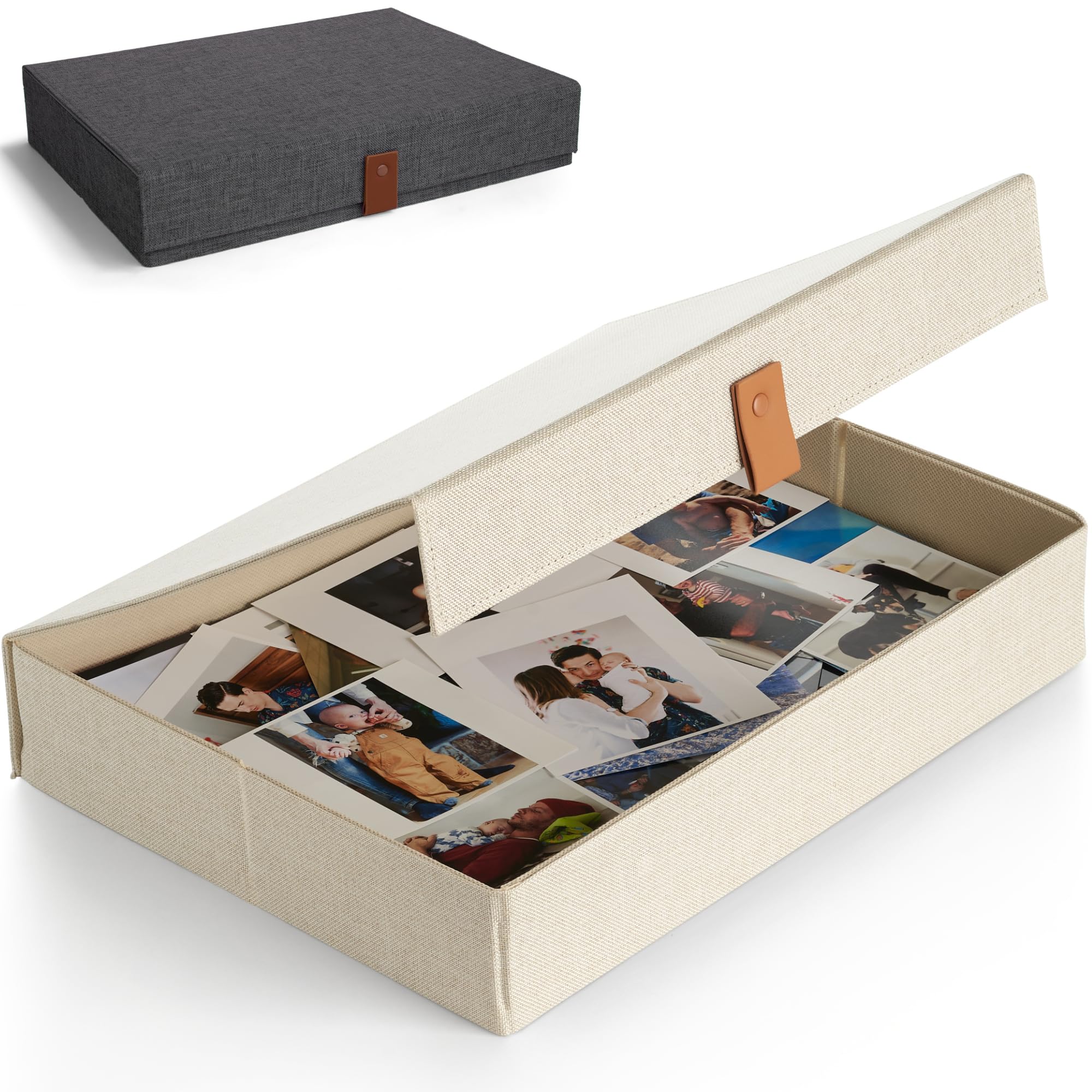 Photo 1 of ZICOTO Decorative Photo Storage Box with Lid - A Beautiful Linen Organizer Perfect to Safely Store Your Pictures, Documents, Scrapbooking Supplies, Keepsakes and Other Memories in Style