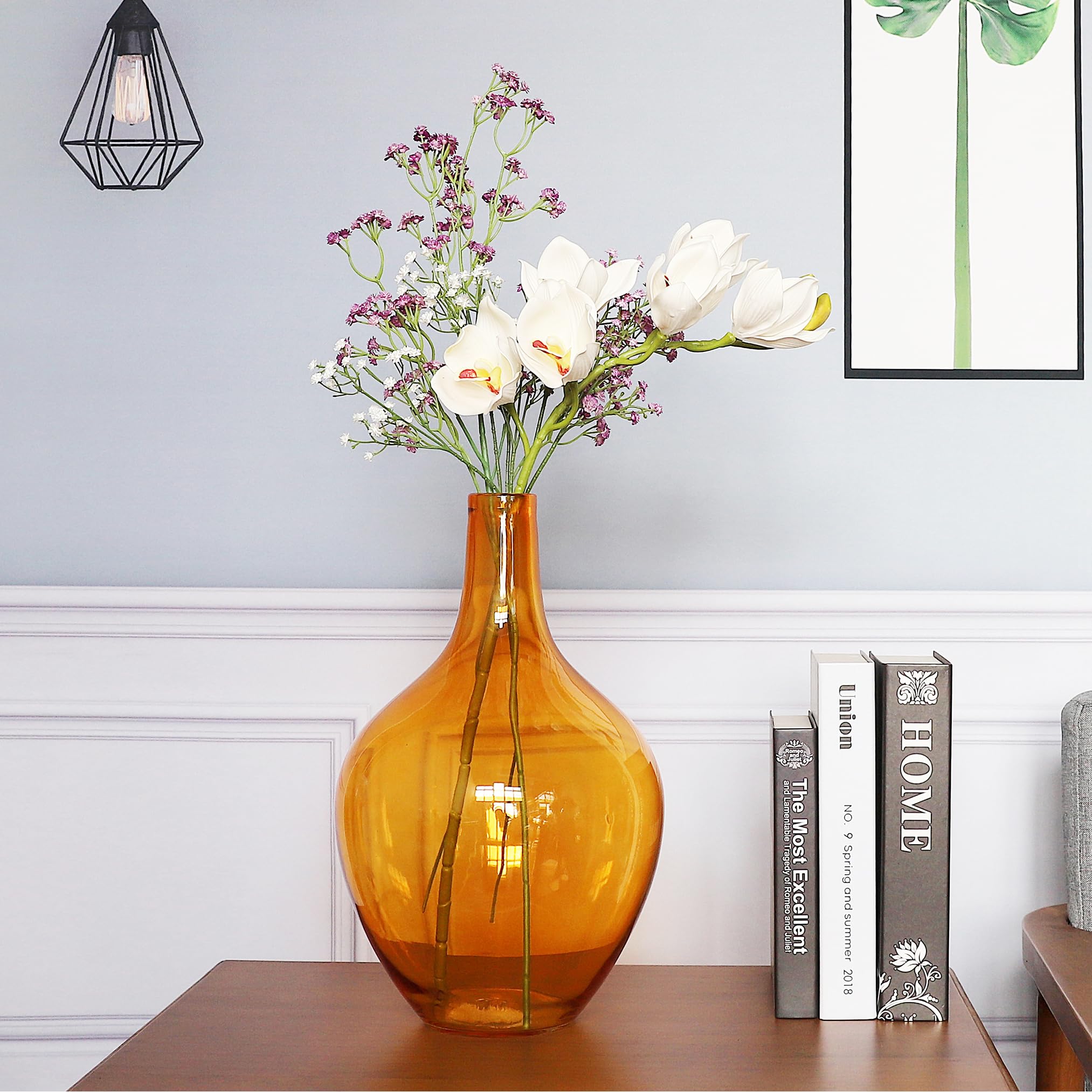 Photo 1 of 15" Large Glass Floor Vase for Pampas Grass, Amber Clear Modern Glass Vases for Dried Flowers, Round Balloon Jug Vase for Living Room Home Decor