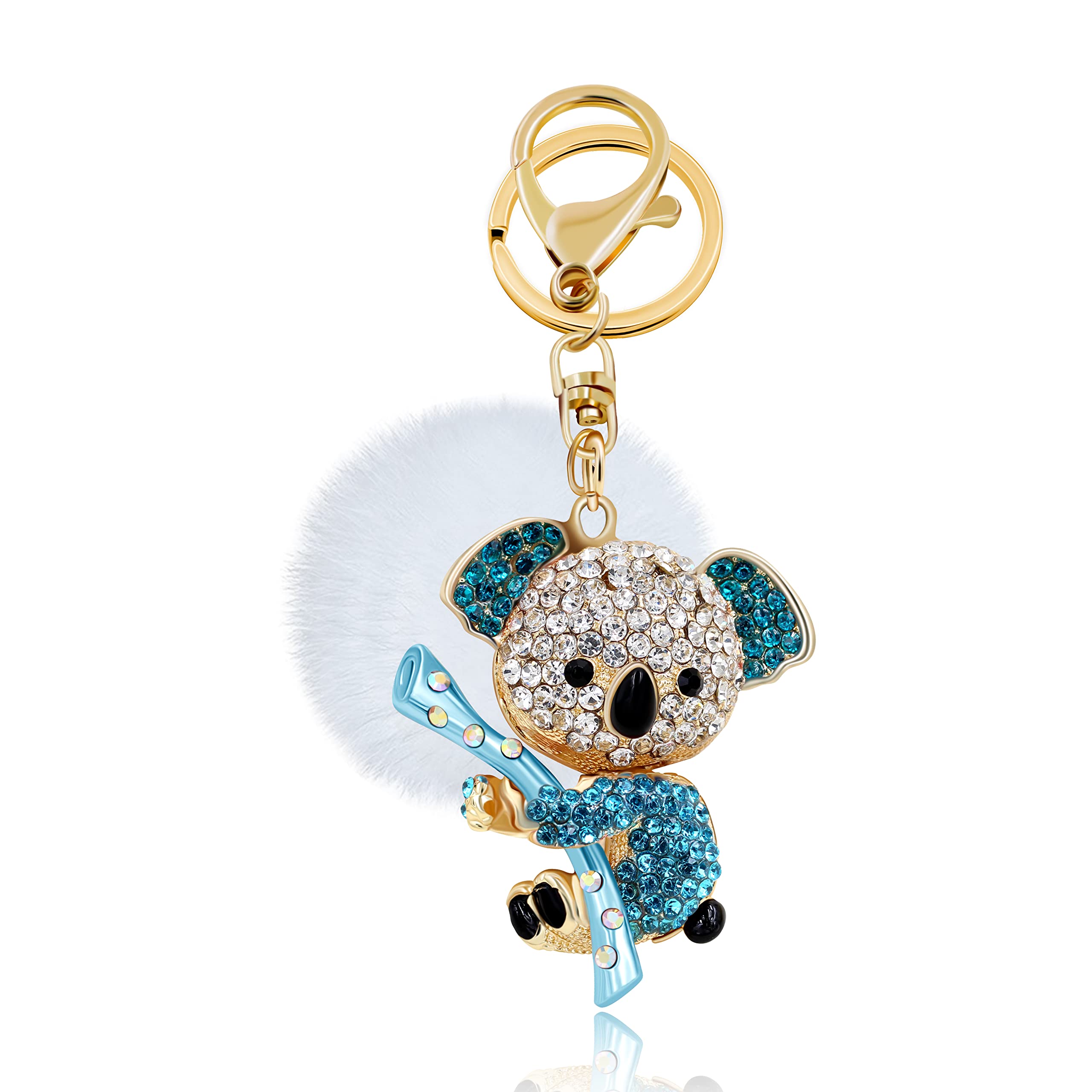Uloveido Cute Blue Crystal Koala Keychain for Teen Girls Women Kids Charms with White Fur Ball