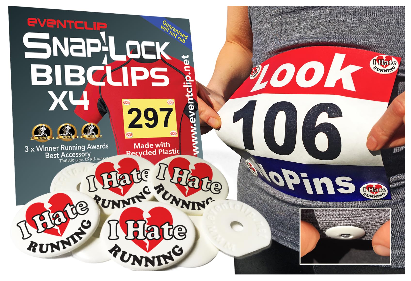 EventClip Race Bib Clips X 4 - HATE RUNNING. Proven Snap-Lock for Securing Running and Cycling Numbers. Made in the UK with Recycled Plastic Since 2009 Far better than Magnets. Fed up with Pins?